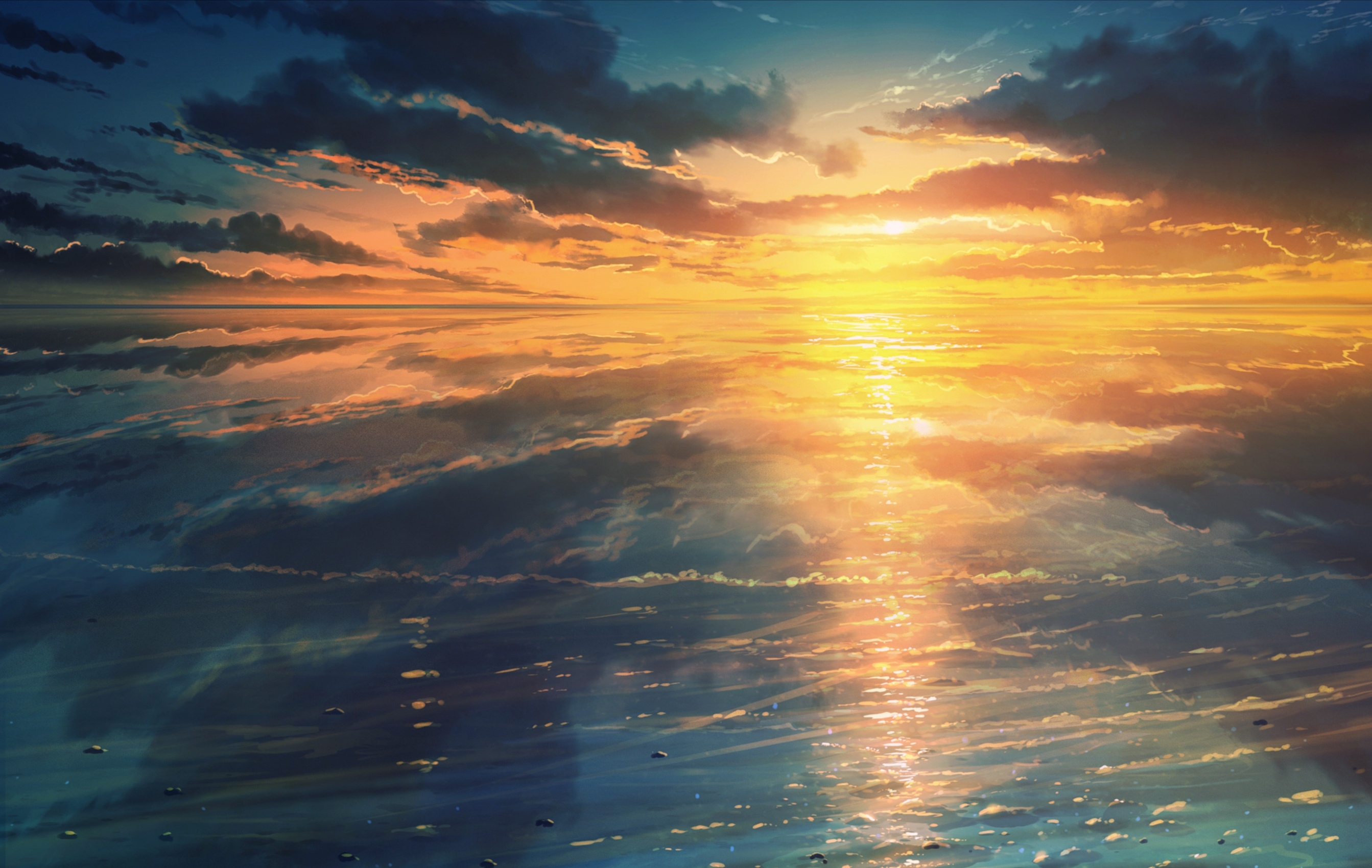 Sunset over the ocean with clouds HD Wallpaper