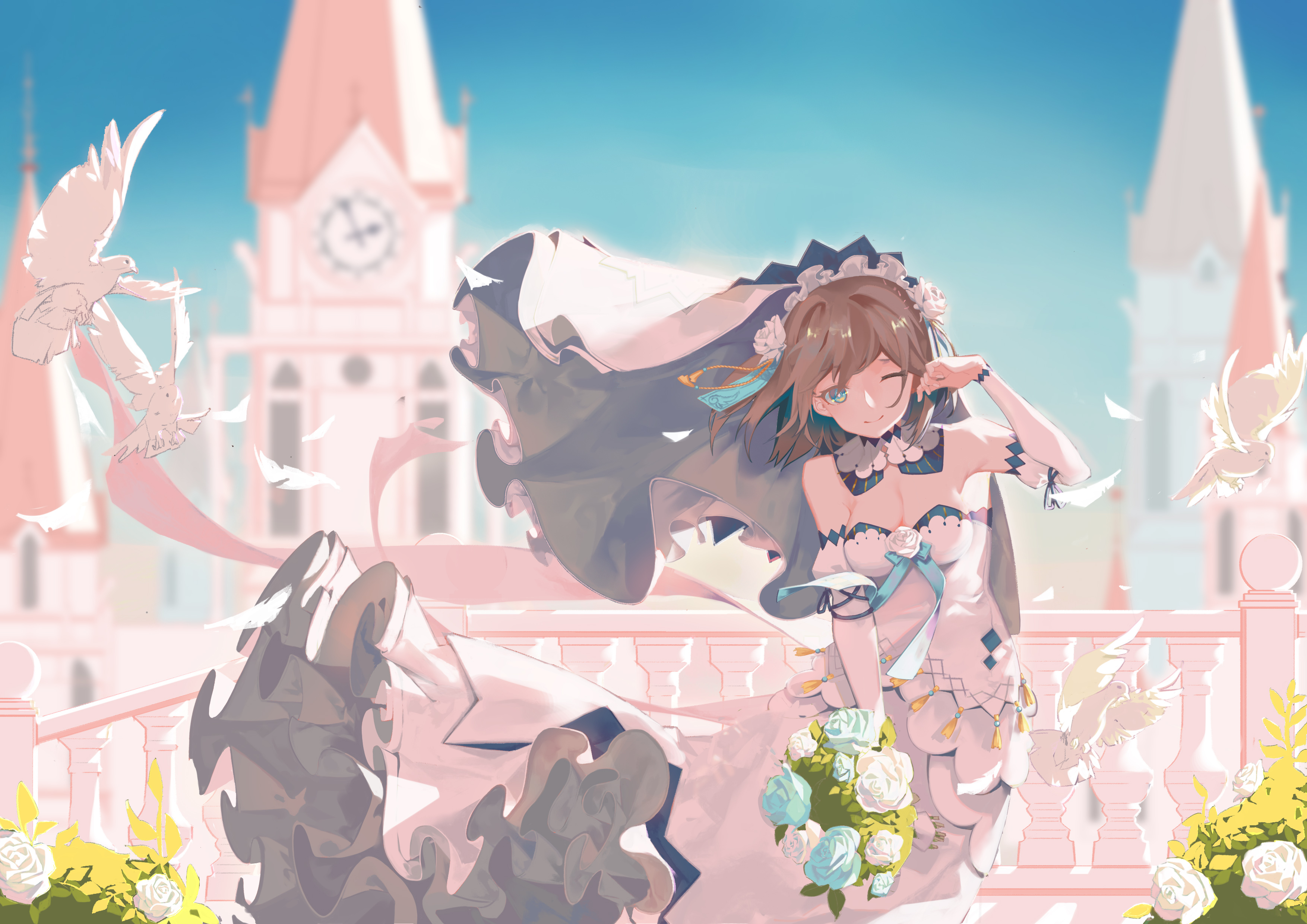 Girl in wedding dress with doves and castle HD Wallpaper