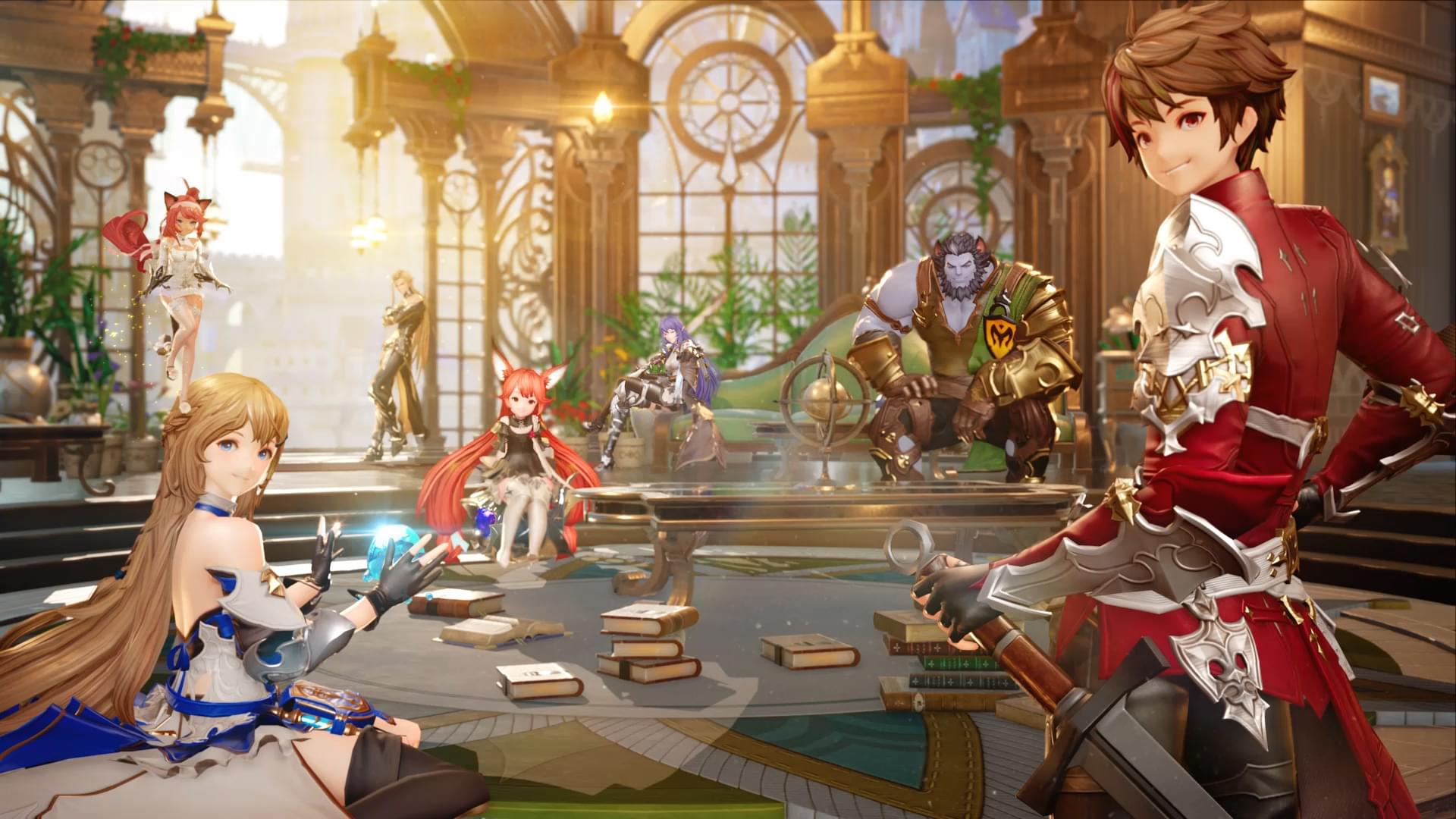 Characters in a grand hall in Gran Saga HD Wallpaper