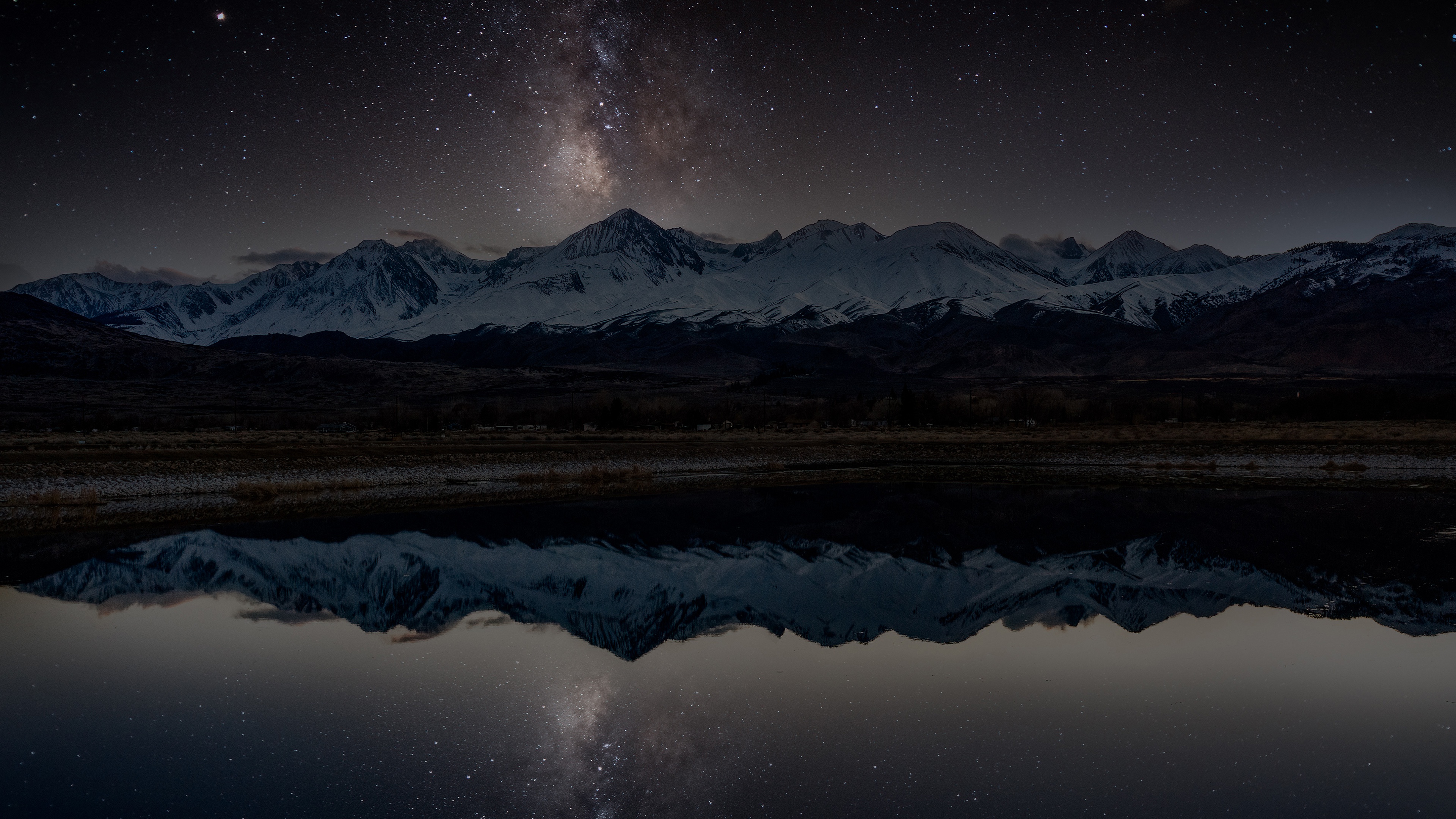 Snowy Mountains and Milky Way Reflected in Lake at Night 4K HD Wallpaper