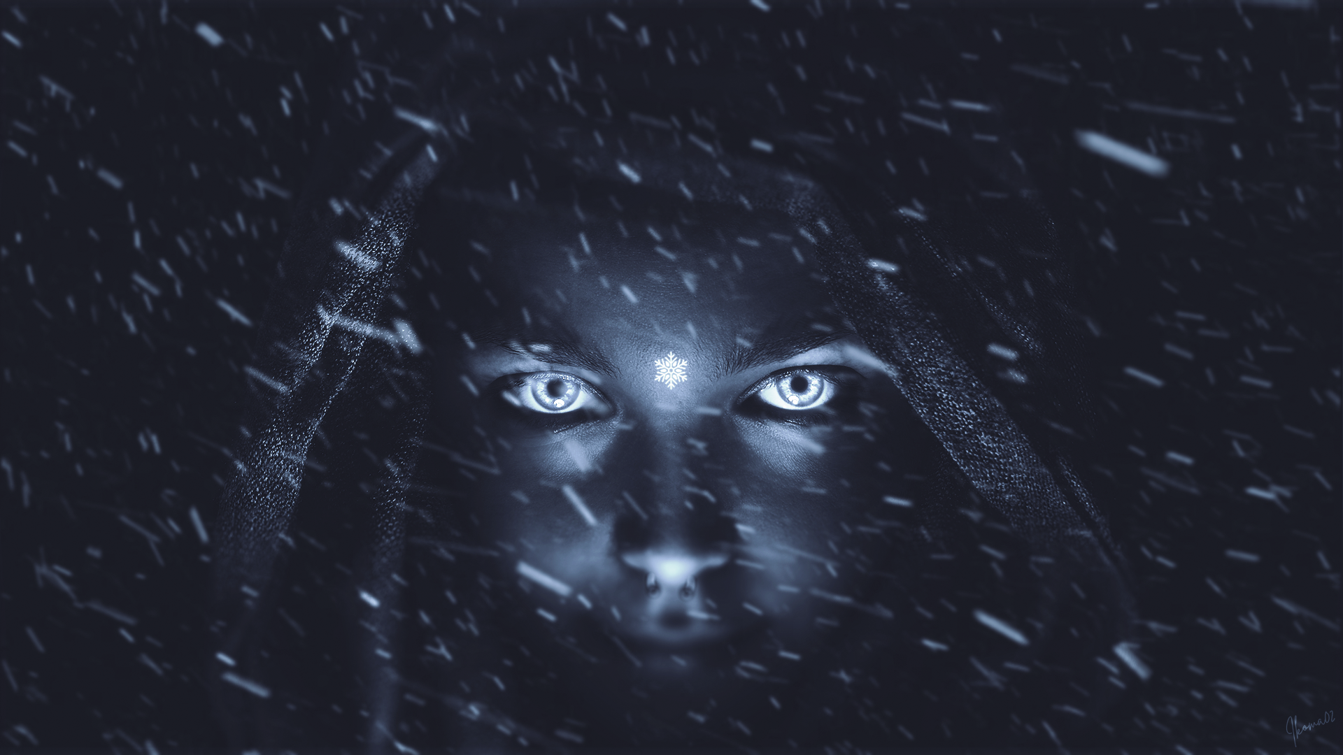 Surreal portrait of a woman with glowing eyes in snow HD Wallpaper
