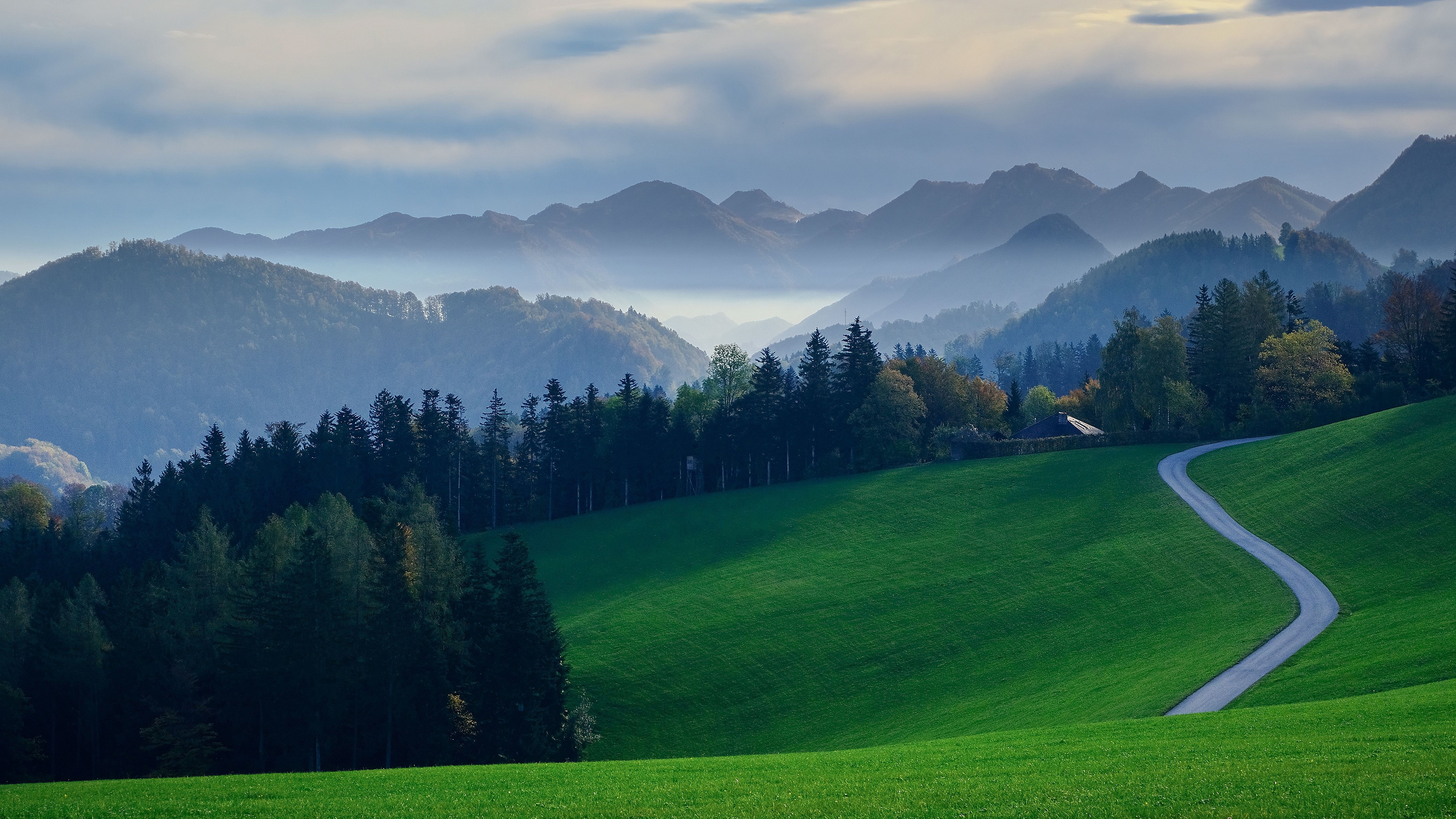 Foggy Mountains and Winding Road in Fall HD Wallpaper