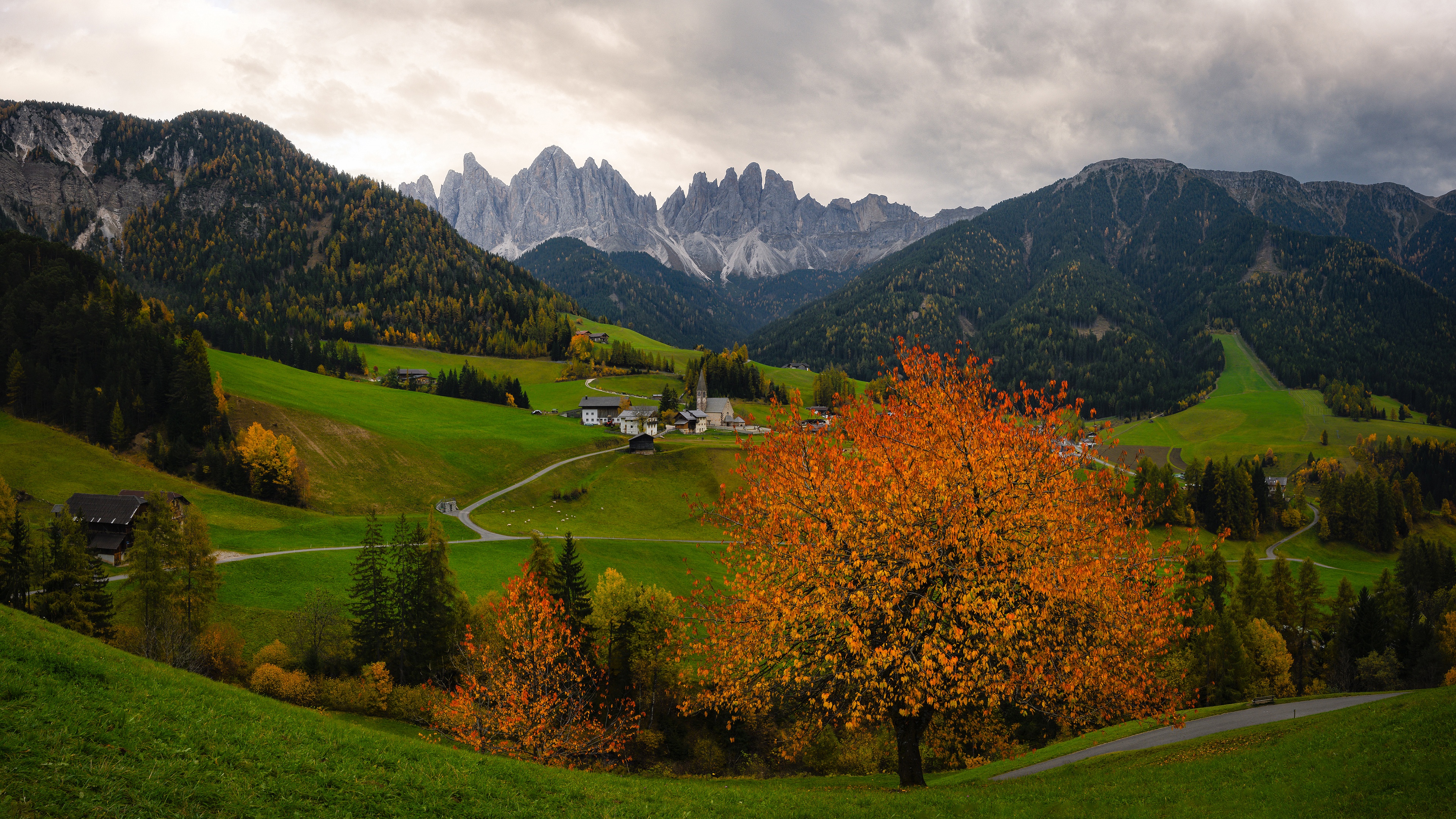 Autumn Village in the Alps with Jagged Mountains HD Wallpaper