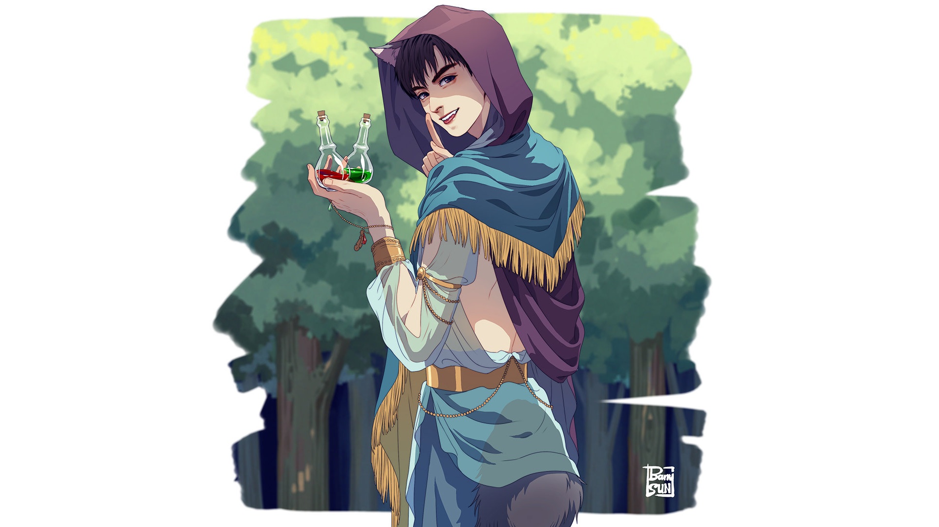 Wang Hao Xuan holding potions in forest HD Wallpaper