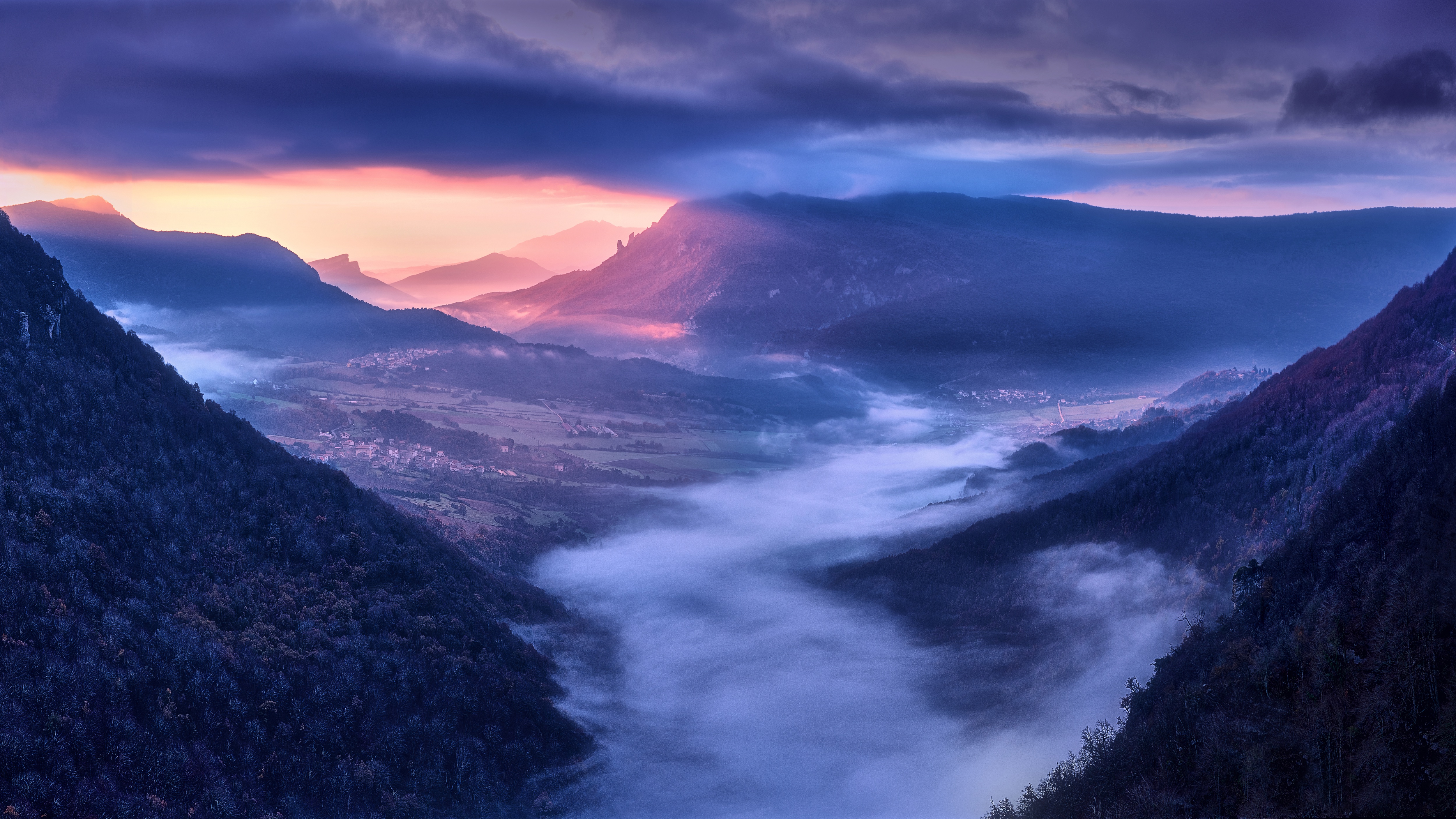 Mountain valley with fog at dawn, Spain 4K HD Wallpaper