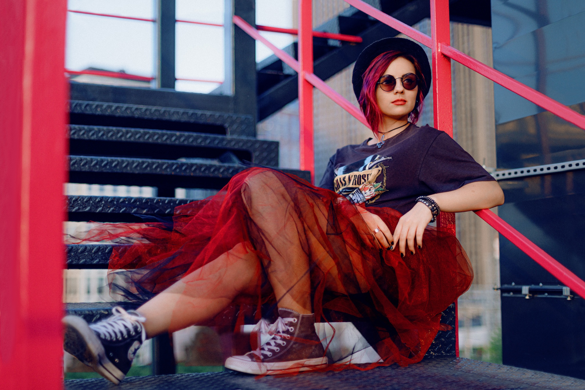Model Elena Sokolova wearing a hat, sunglasses, and skirt HD Wallpaper