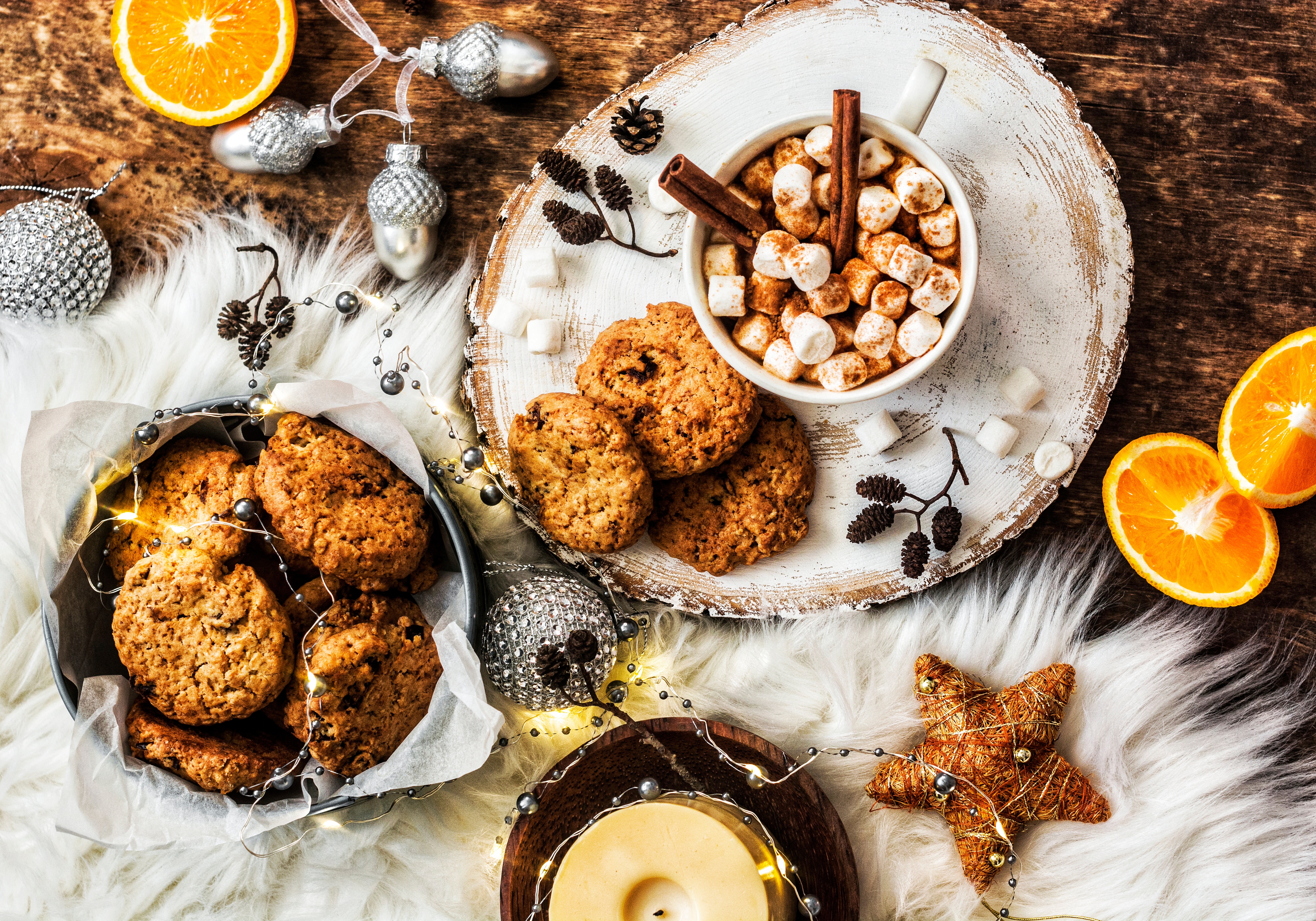 Still Life 4K with Cookies, Hot Chocolate, Orange, and Candle HD Wallpaper