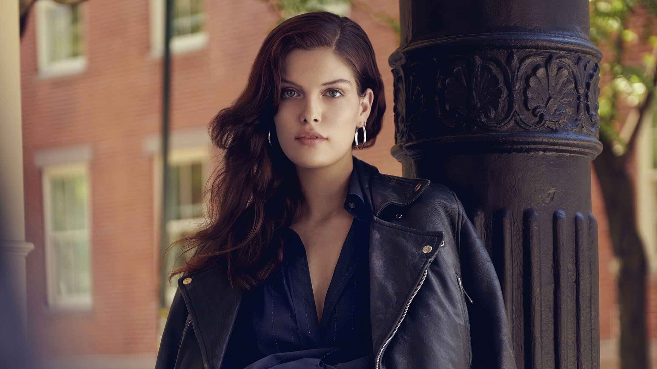 Vanessa Fuchs wearing a leather jacket HD Wallpaper