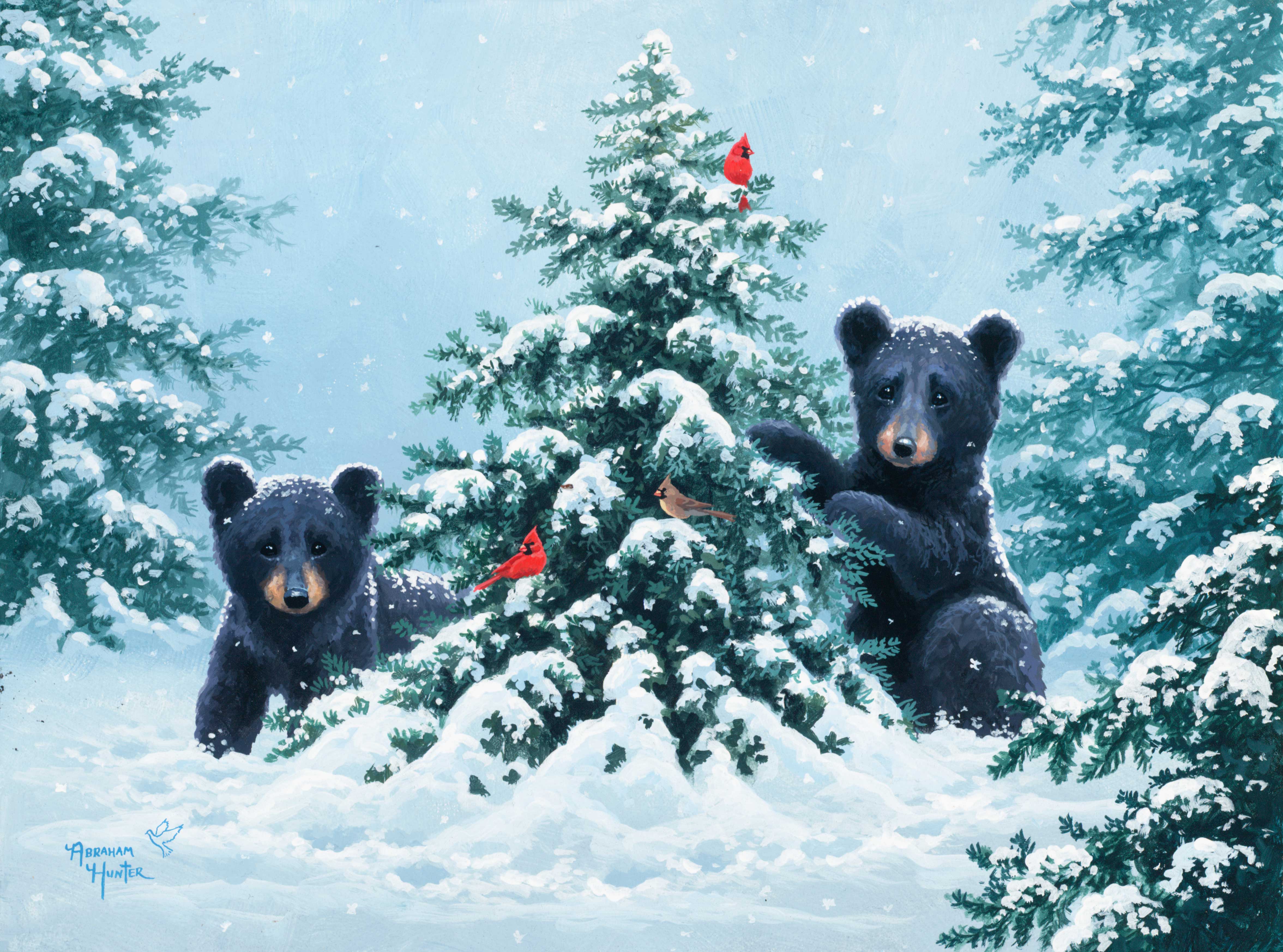 Two bear cubs and cardinals by a snowy Christmas tree HD Wallpaper