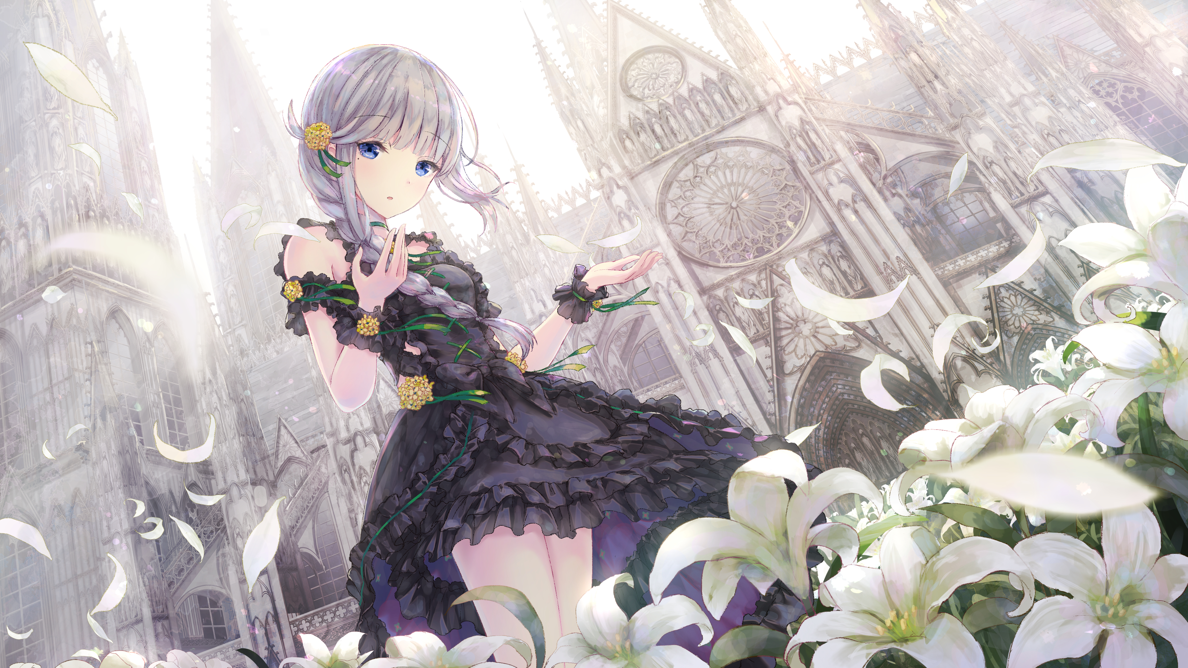 Anime girl with white hair and blue eyes in a black dress HD Wallpaper