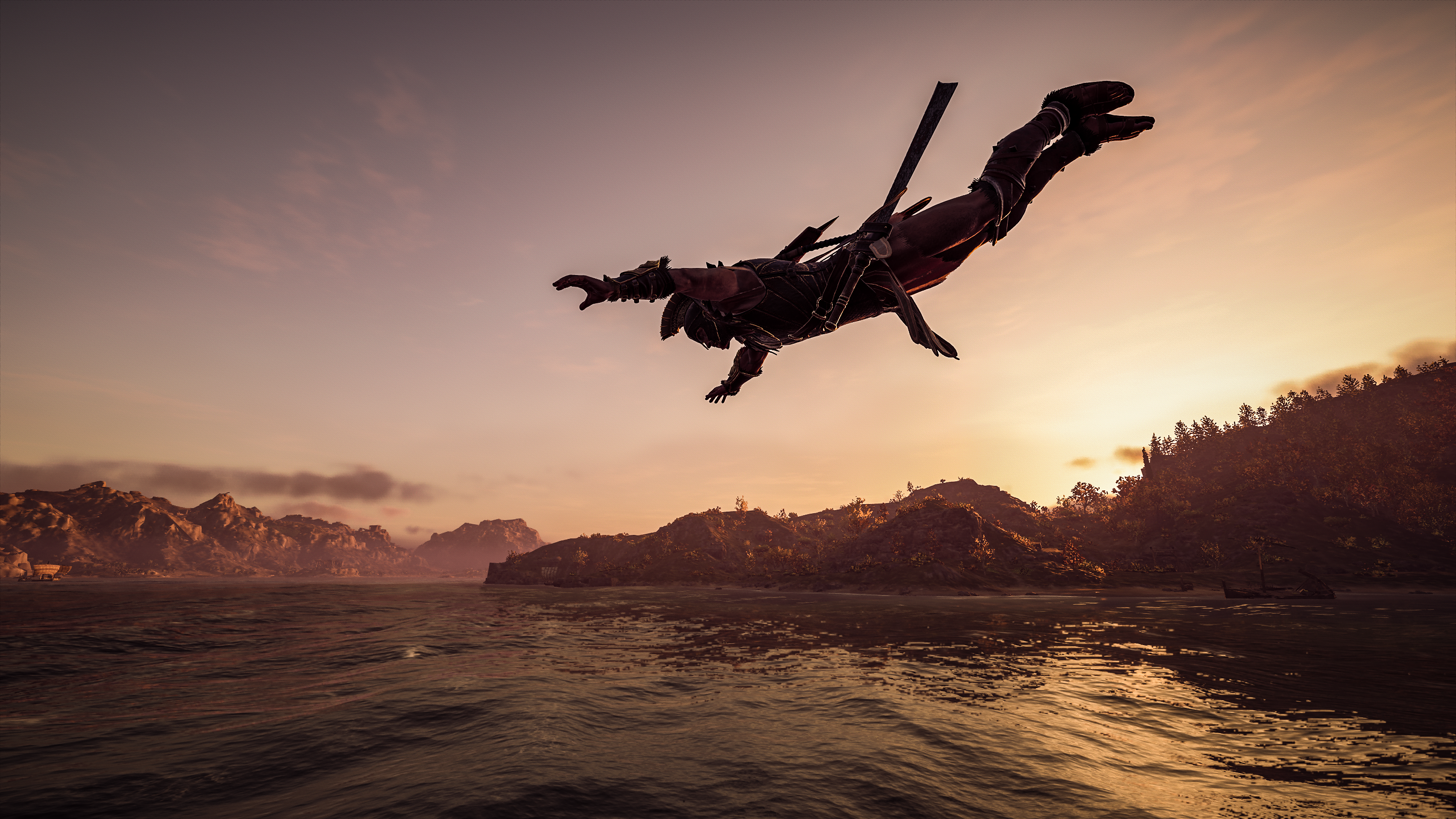 Assassin from Assassin's Creed Odyssey jumping into water HD Wallpaper