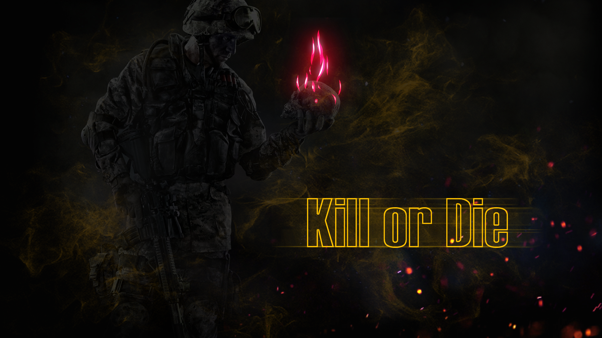 Soldier holding a flaming skull with text "Kill or Die" HD Wallpaper
