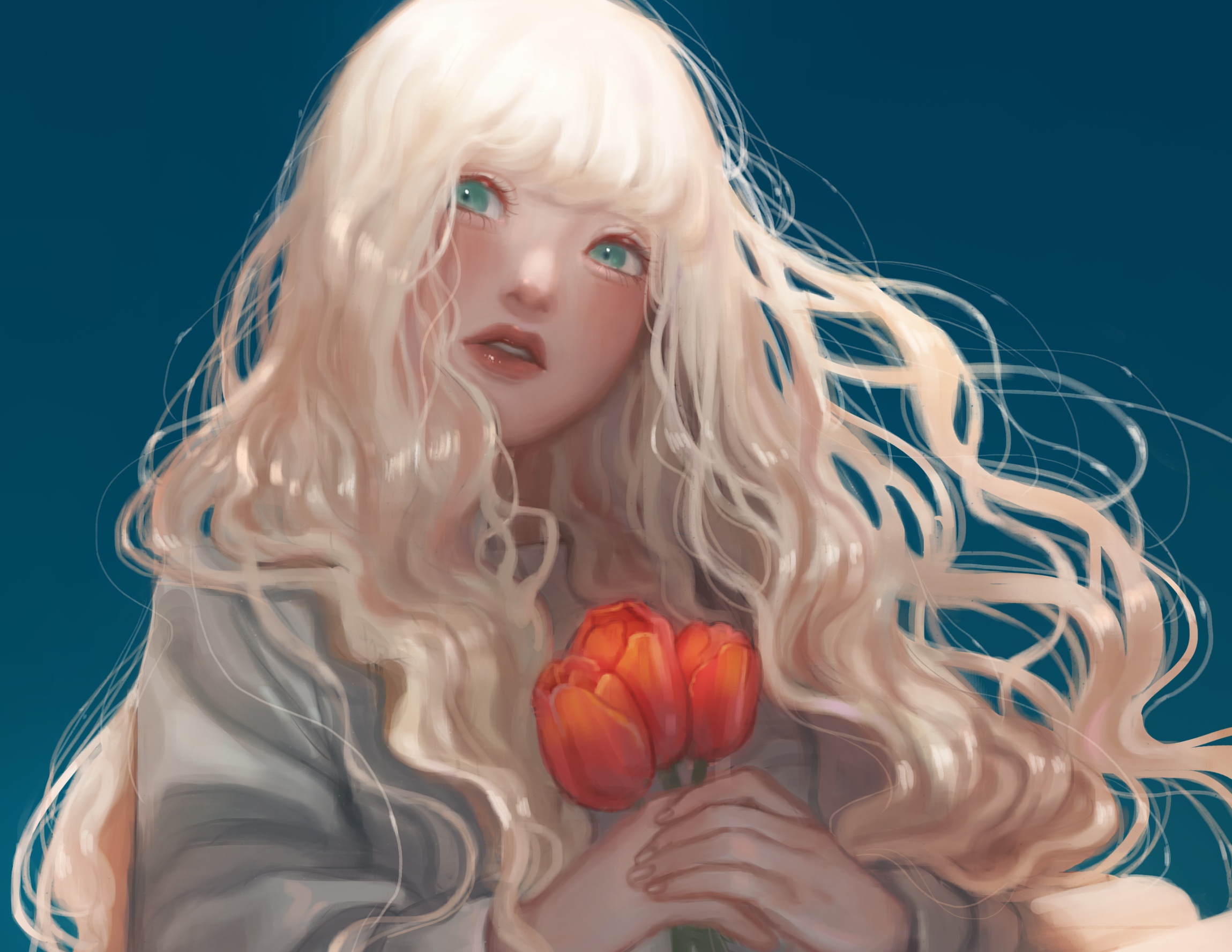 Girl with blonde hair holding tulips HD Wallpaper