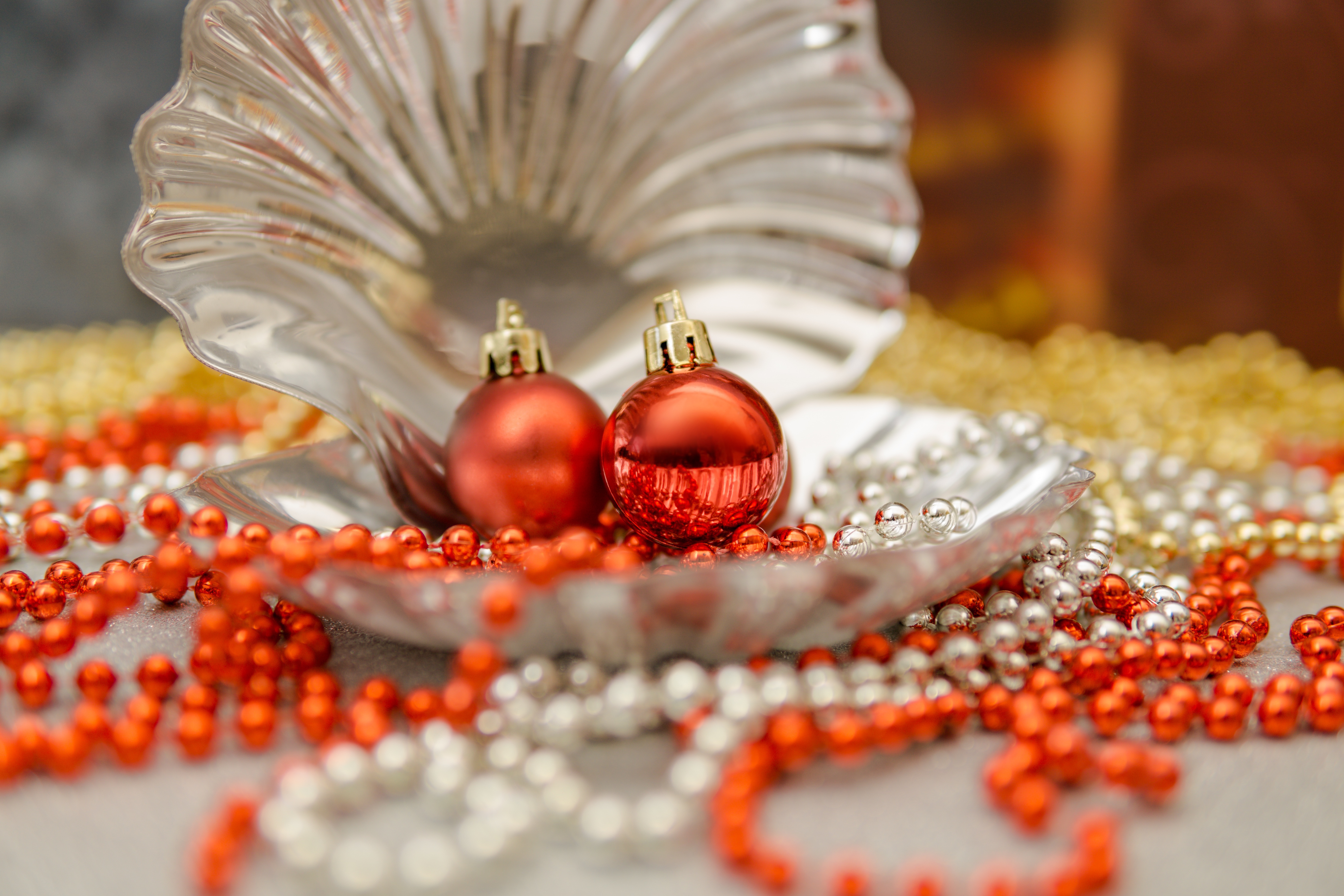 Christmas Ornaments and Beads in a Shell HD Wallpaper