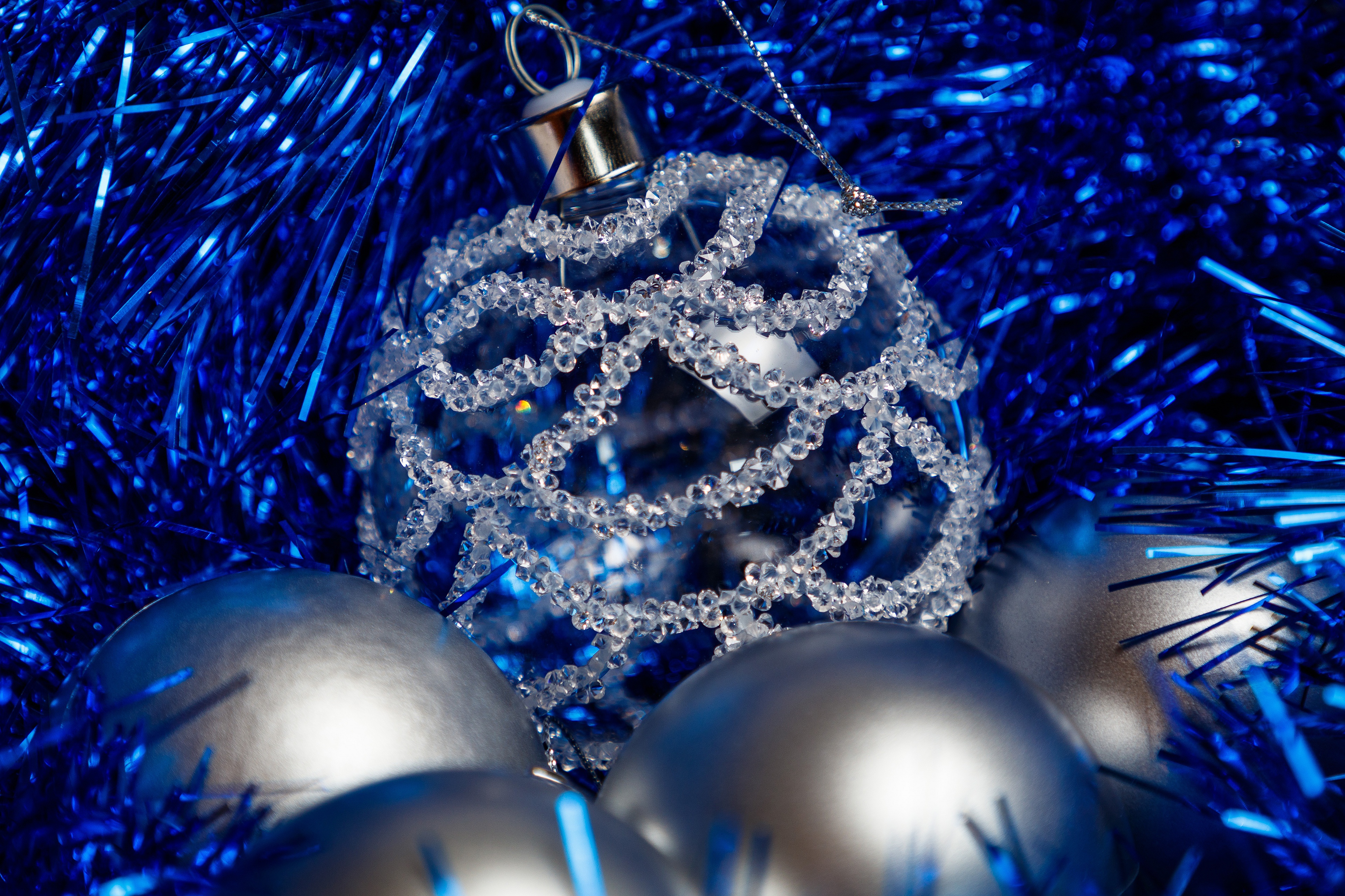 Christmas Ornaments with Blue Tinsel HD Wallpaper