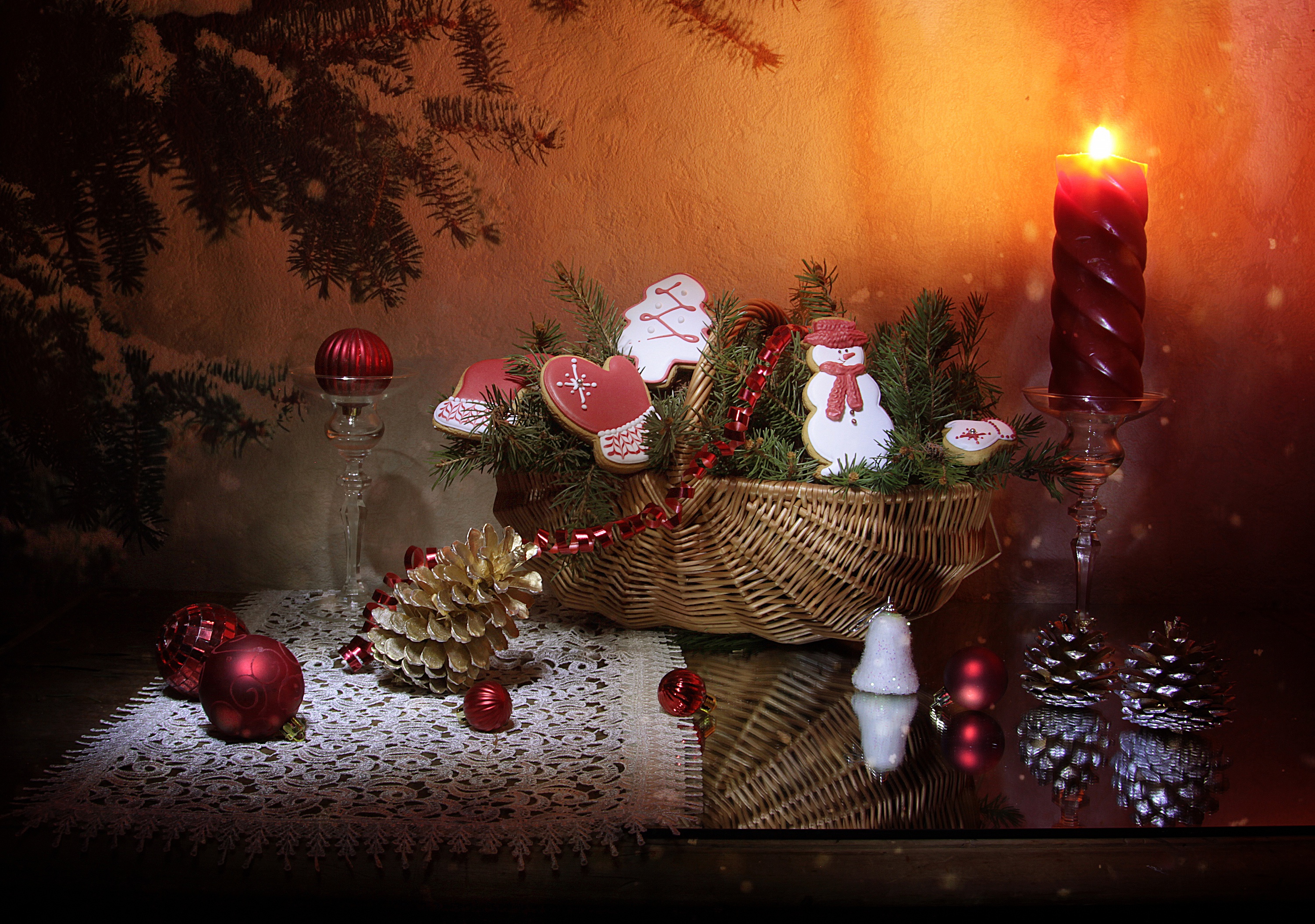 Christmas still life with basket of cookies and candle HD Wallpaper