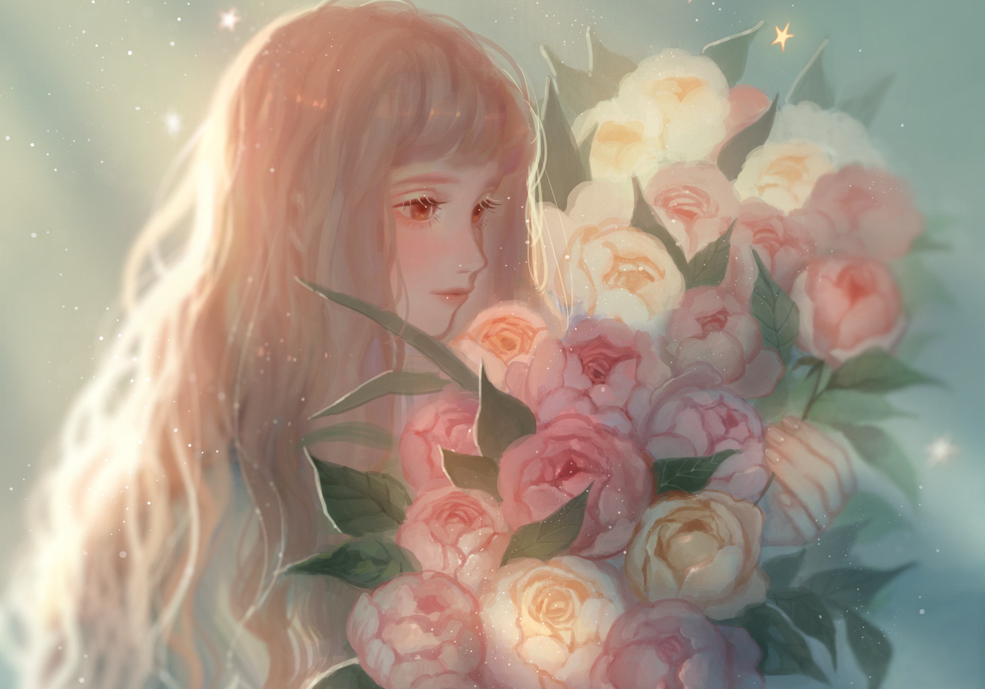 Girl with long hair holding a bouquet of flowers HD Wallpaper
