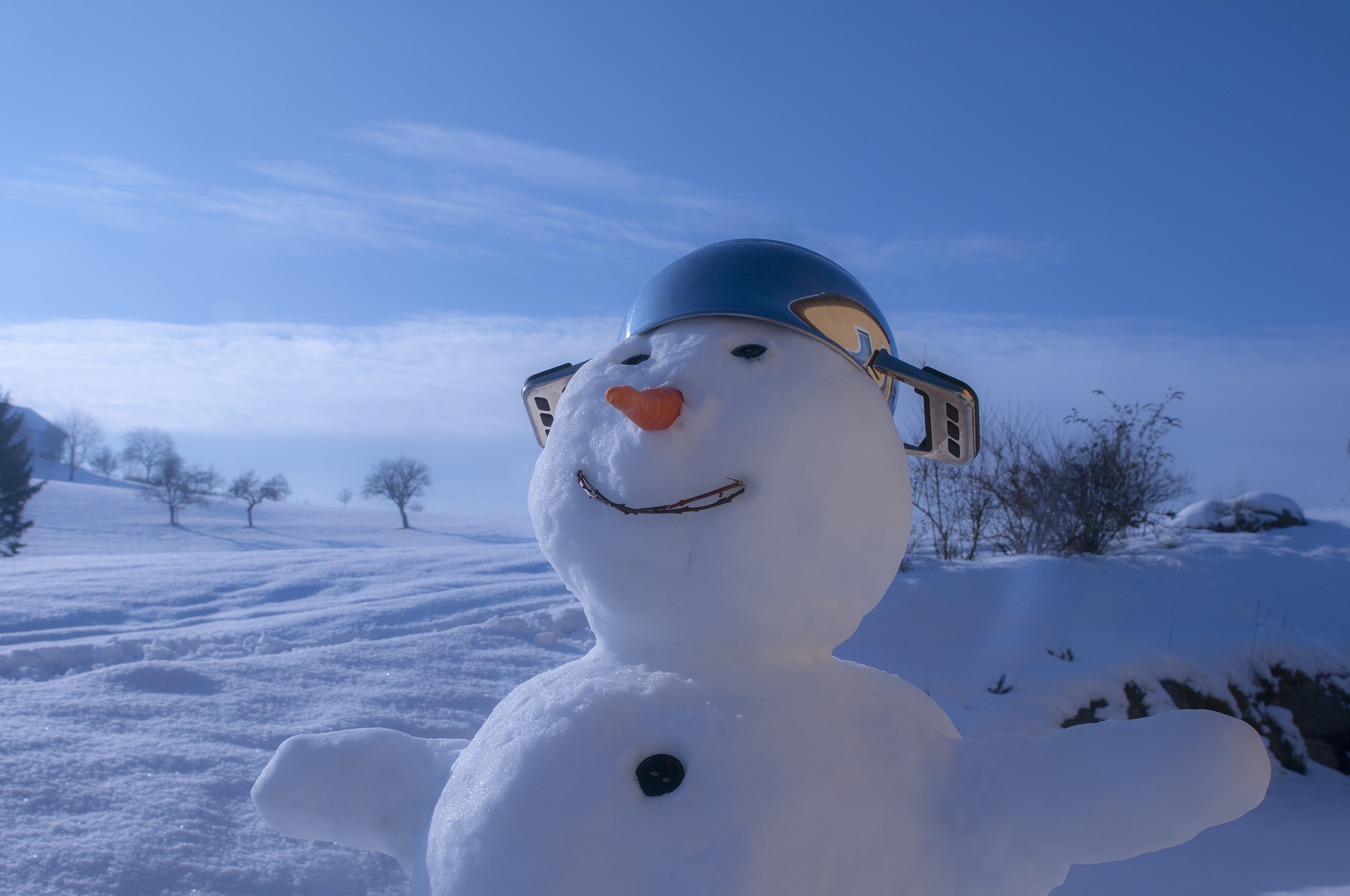 Snowman with a pot helmet in the snow HD Wallpaper