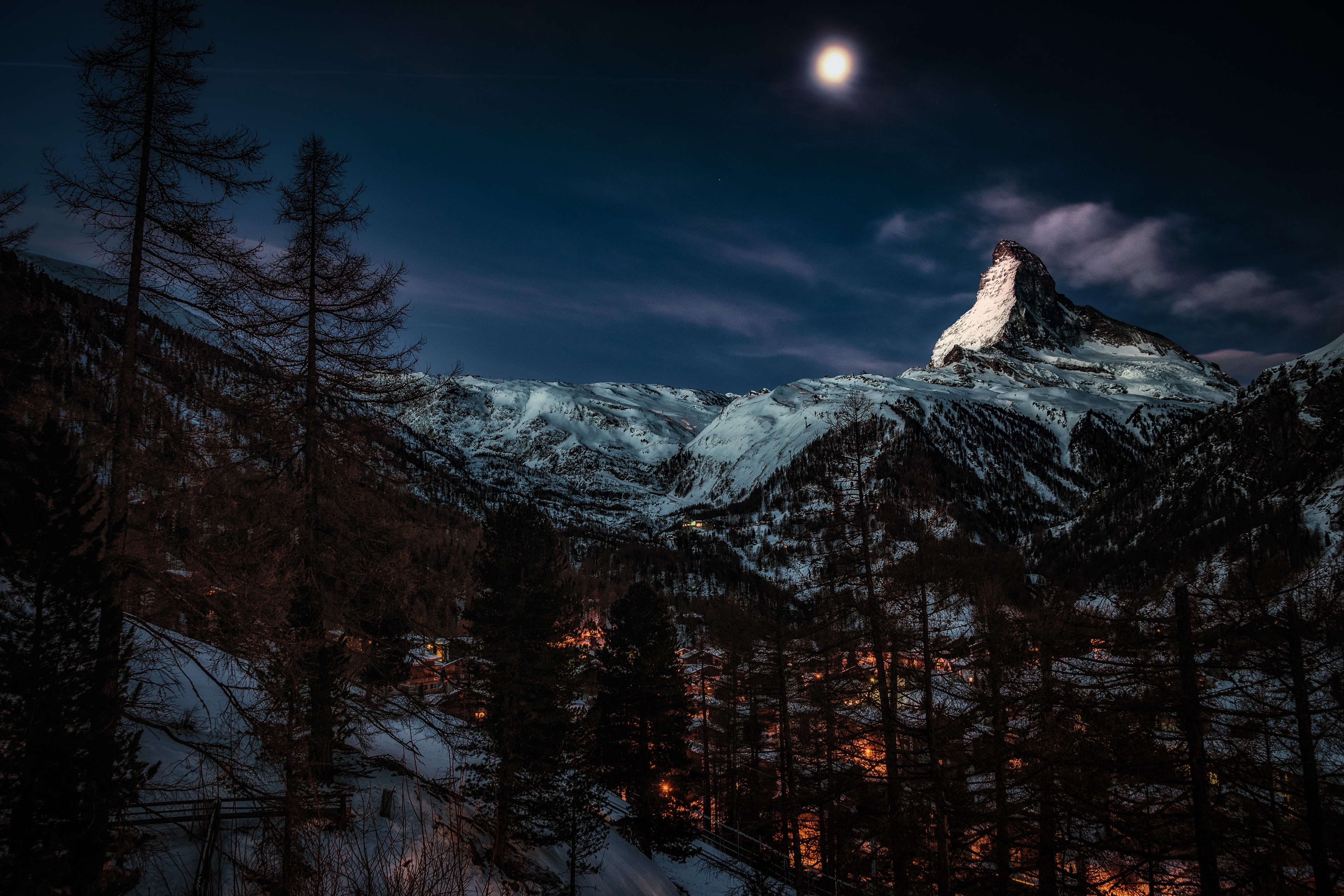 Mountain peak at night with moon and forest HD Wallpaper