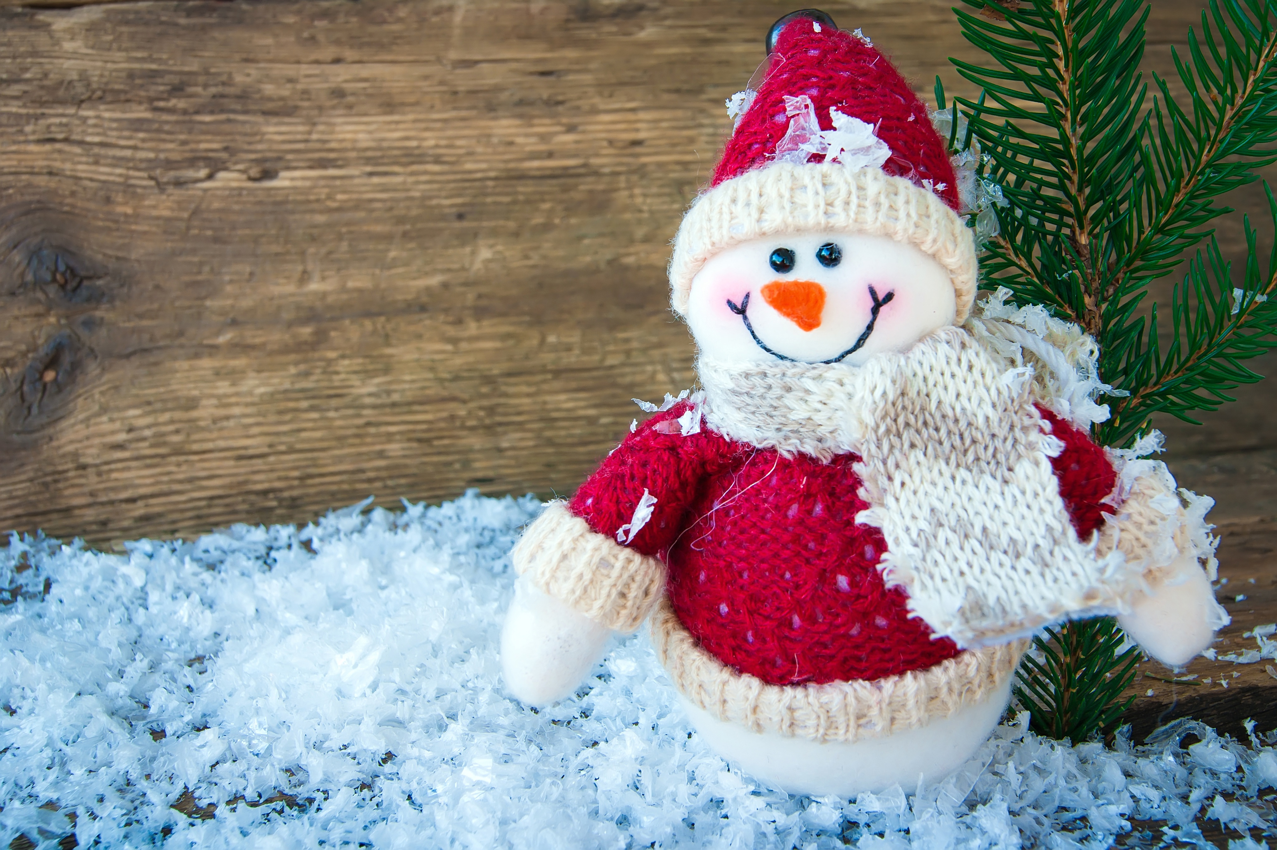 Christmas Snowman with Pine Branch and Snow HD Wallpaper
