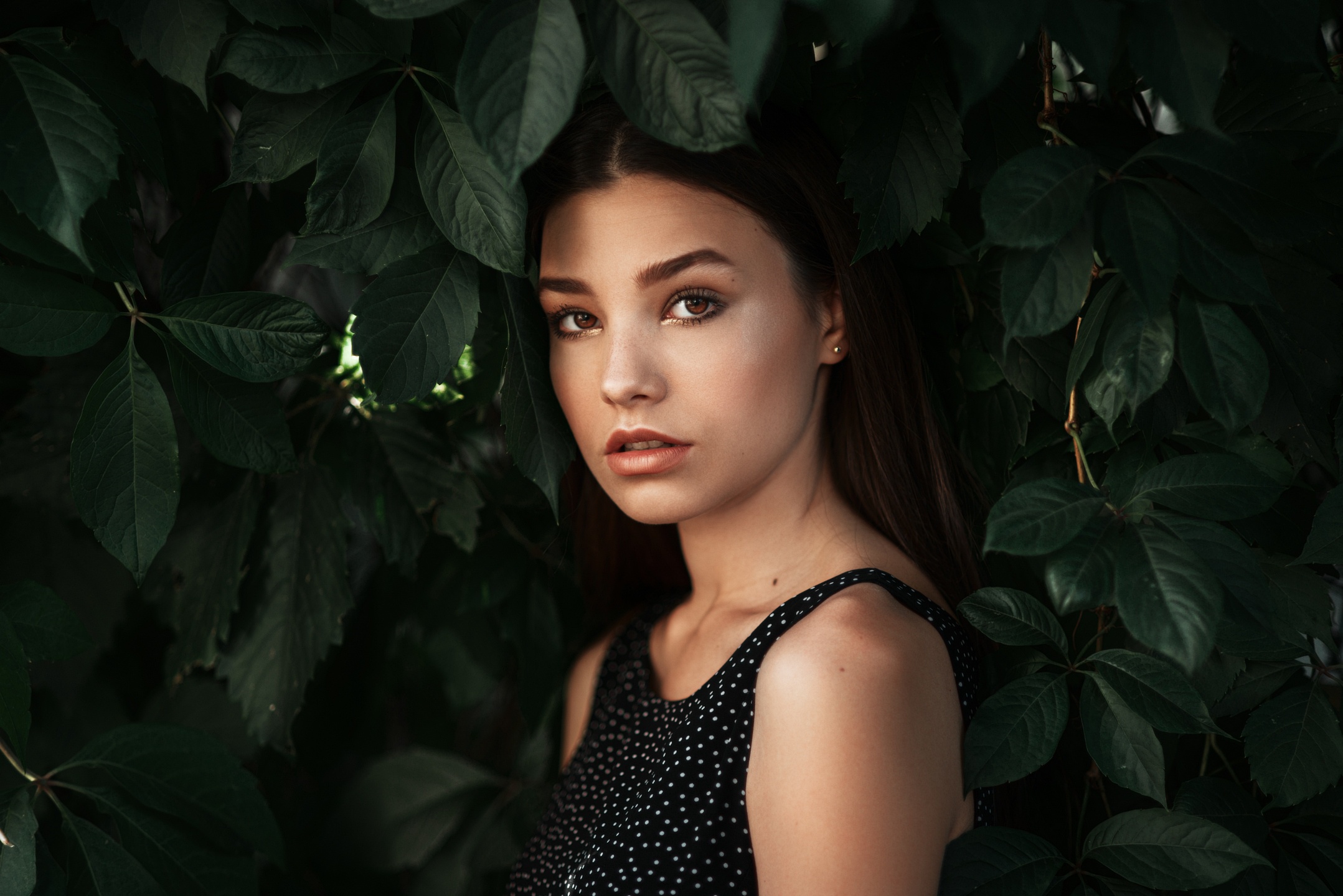 Brunette model portrait among green leaves HD Wallpaper