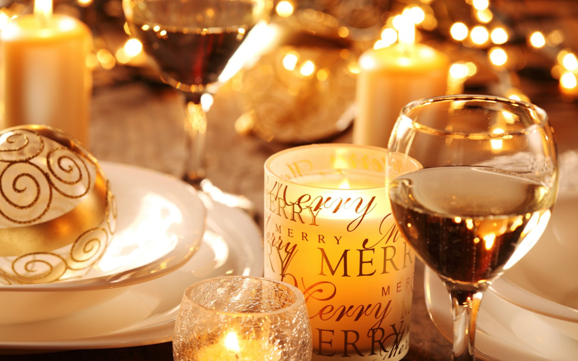 Christmas table setting with candles and wine HD Wallpaper