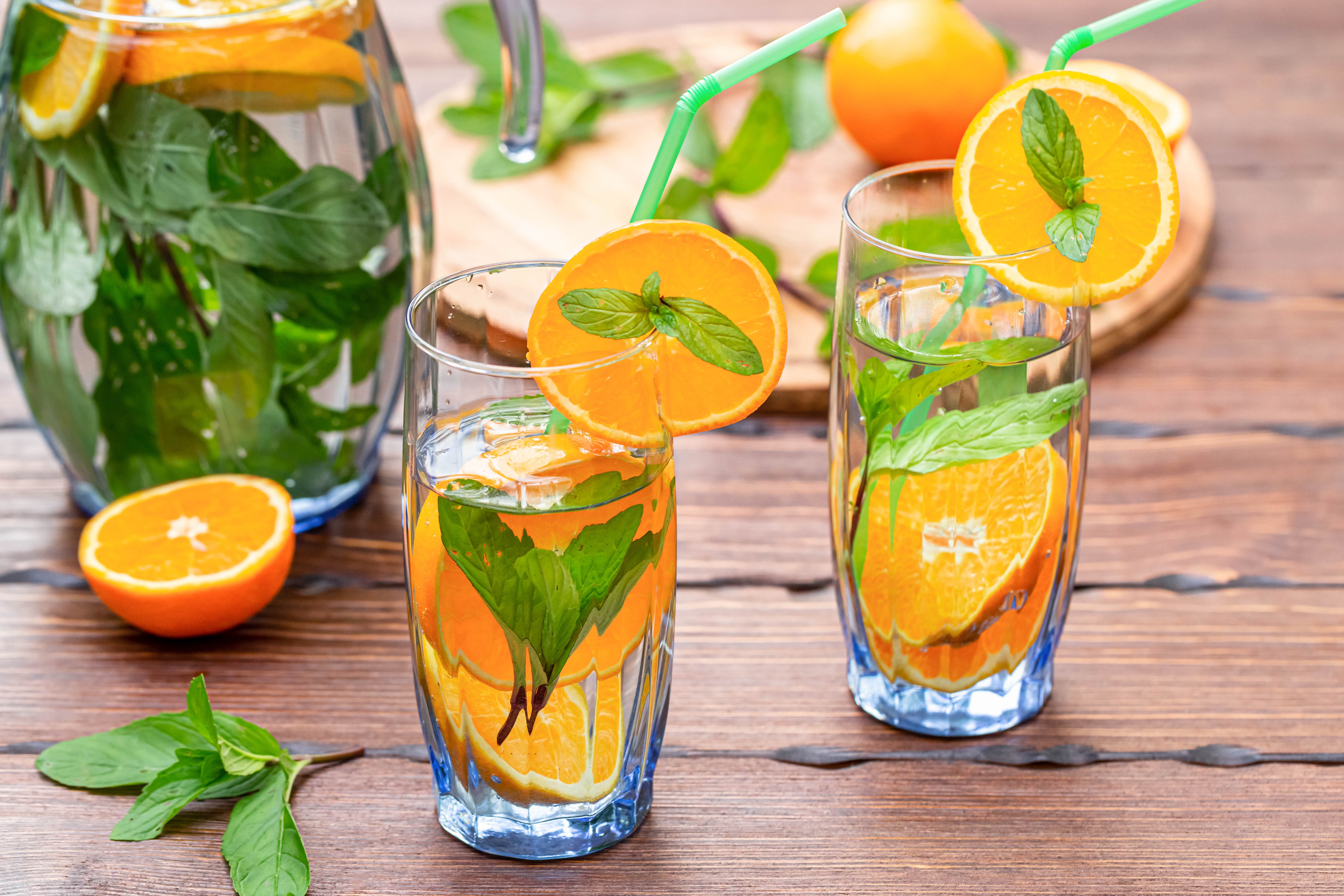 Still Life: Orange and Mint Infused Water in Glasses HD Wallpaper