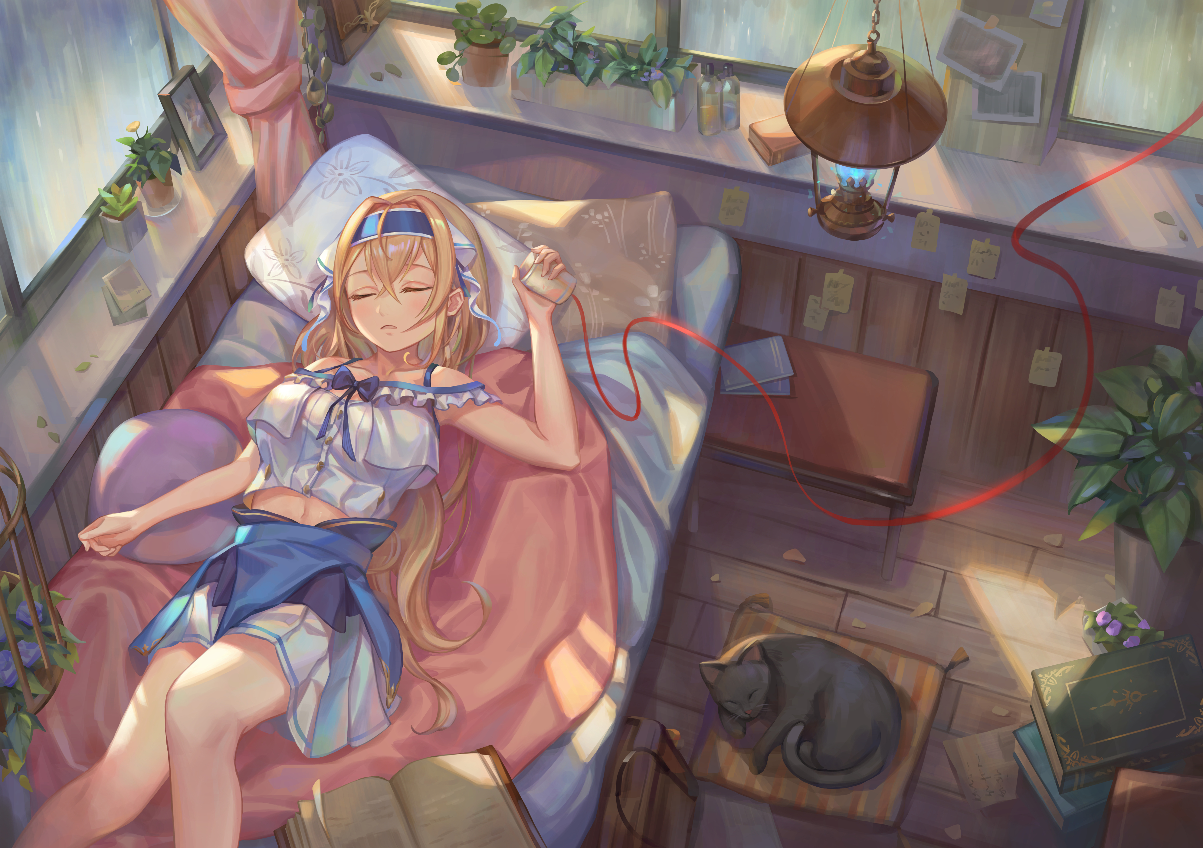 Girl Sleeping with Cat and Red String HD Wallpaper