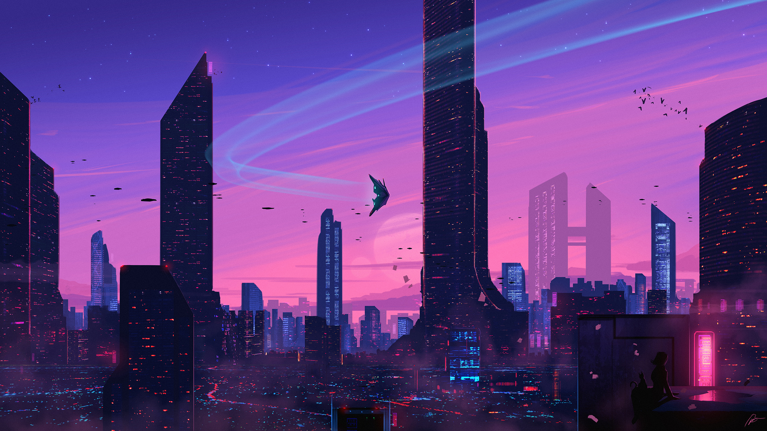Futuristic cityscape with flying vehicles at sunset HD Wallpaper