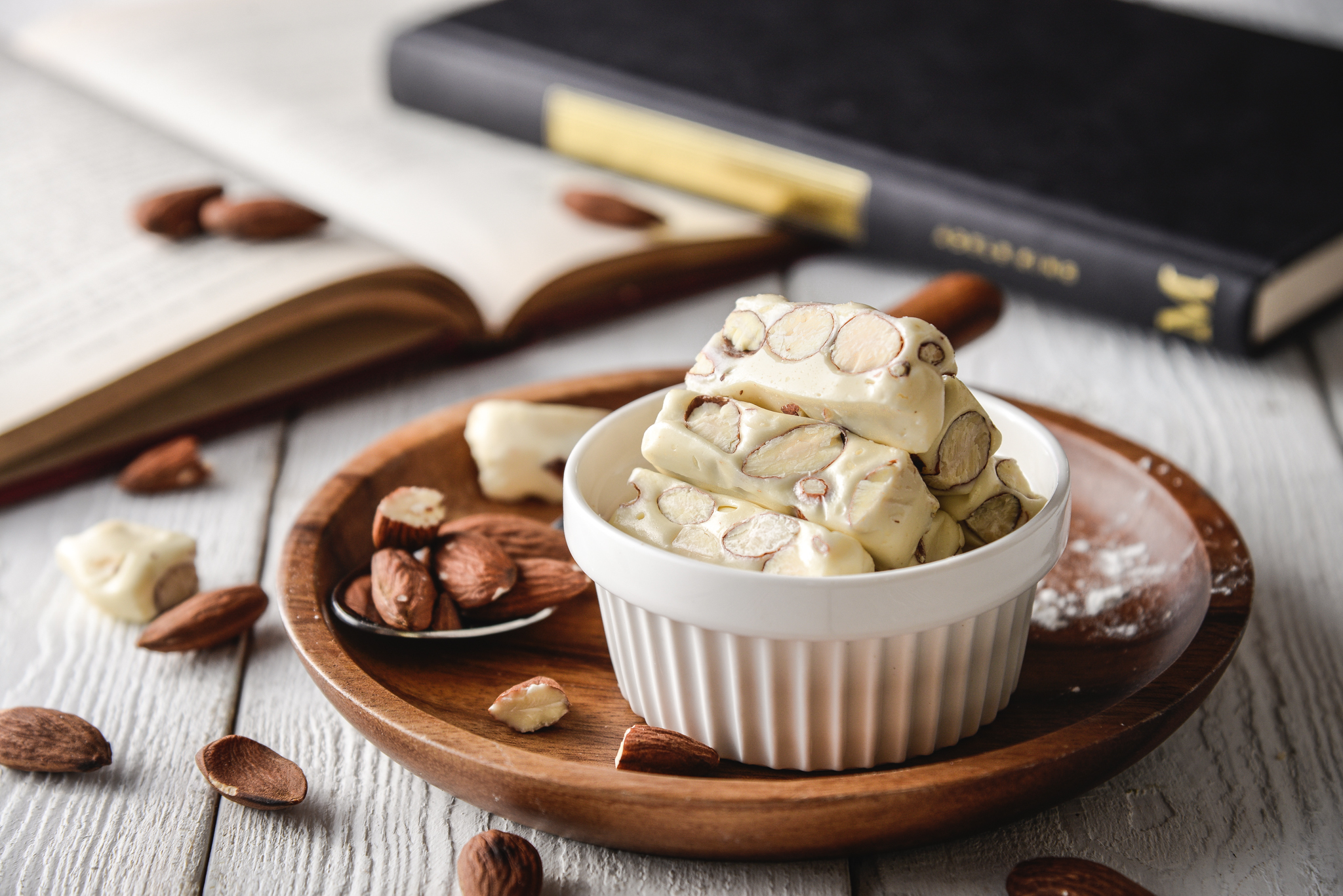 Almond Torrone with Almonds and Books HD Wallpaper