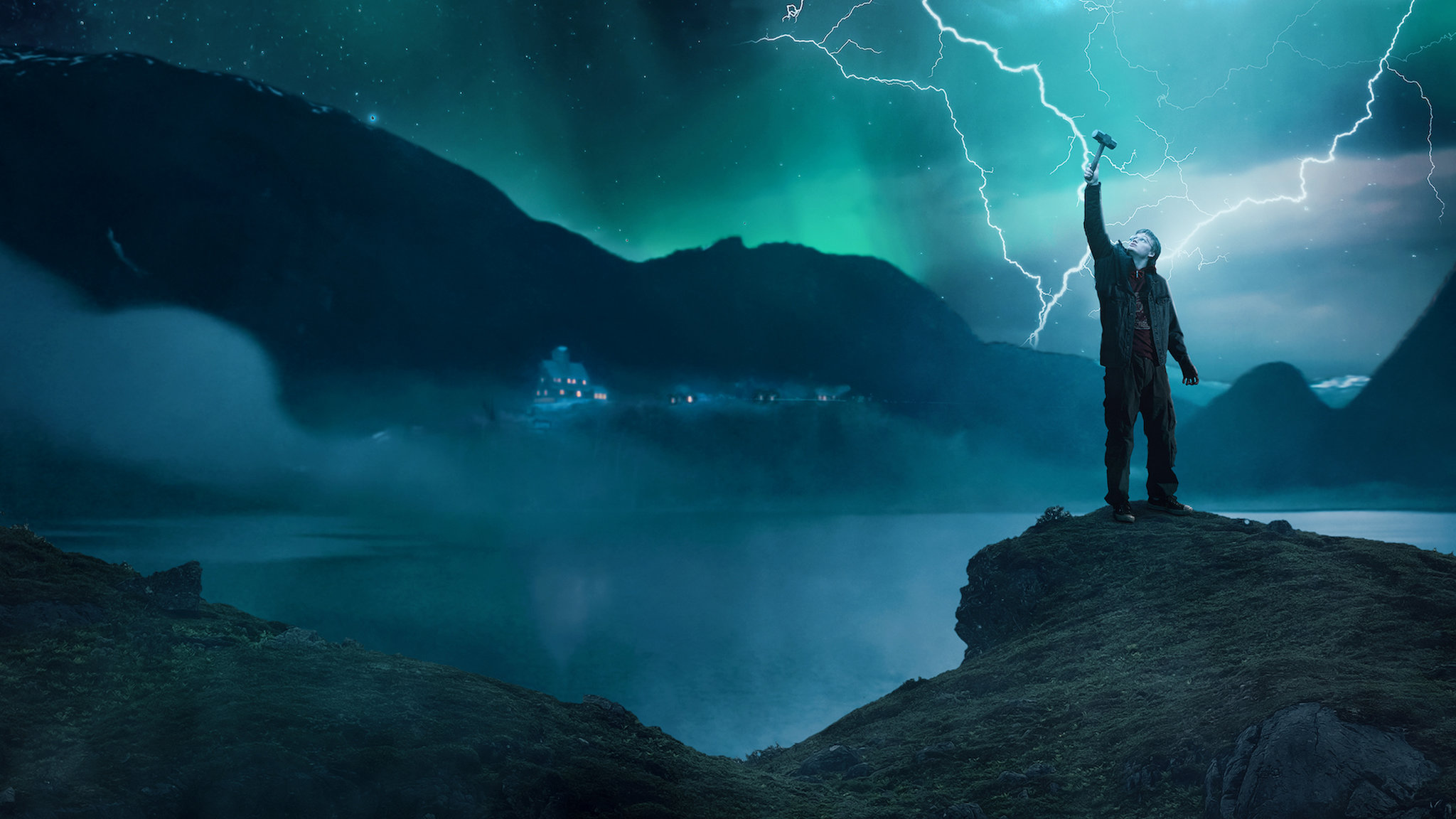 Man with hammer summoning lightning in front of mountains HD Wallpaper