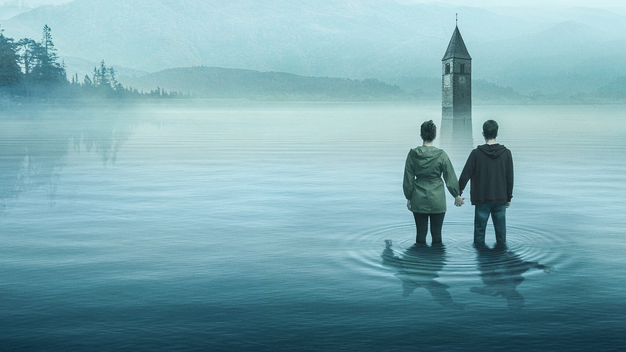 Couple holding hands in submerged church lake HD Wallpaper