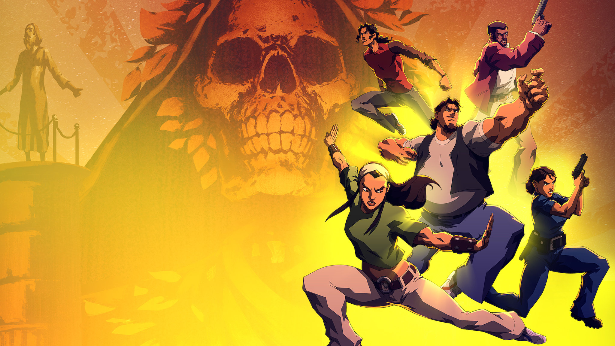 Seis Manos characters in front of a skull HD Wallpaper