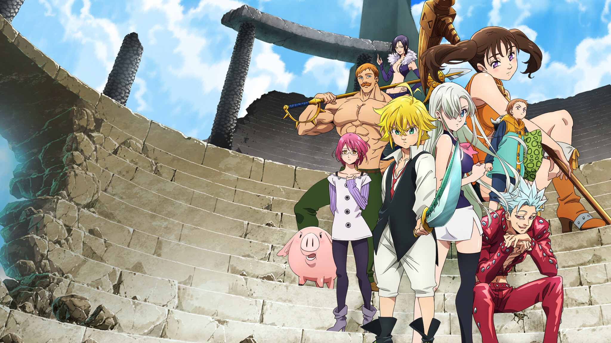 The Seven Deadly Sins characters on stone stairs HD Wallpaper