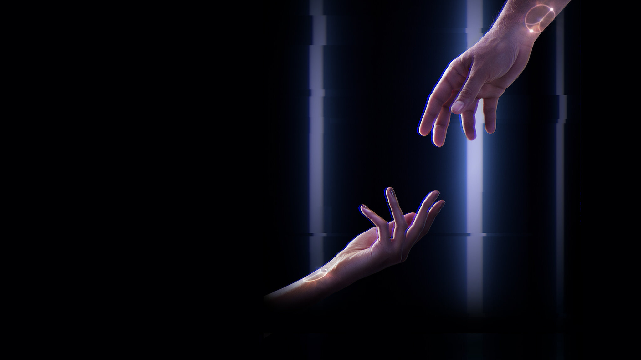Two hands reaching towards each other with glowing symbols HD Wallpaper