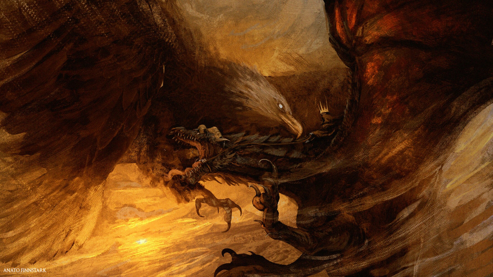 Dragon and Eagle fighting with a crowned figure HD Wallpaper