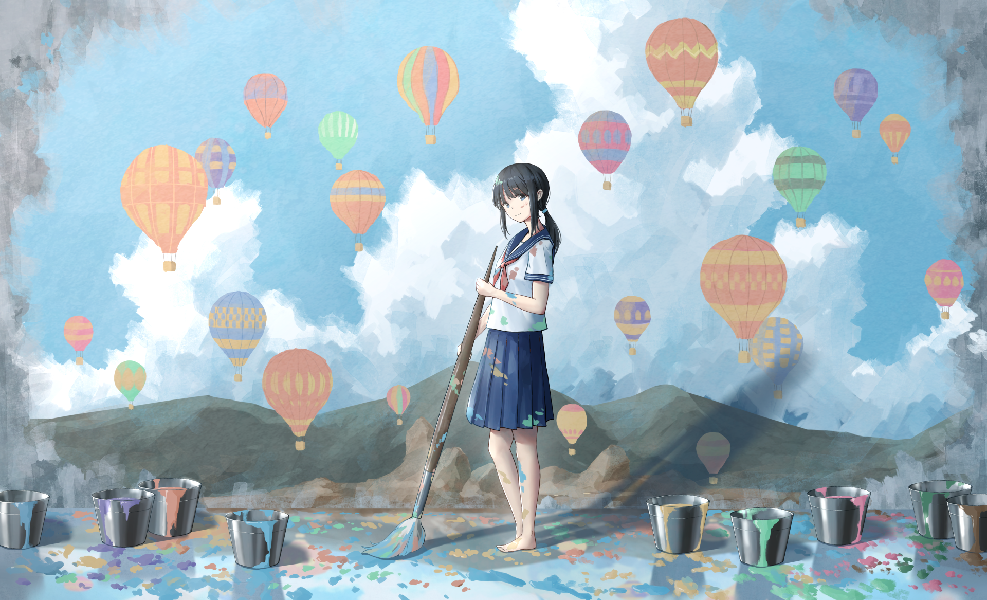 Girl with Black Hair in Uniform Painting Hot Air Balloons HD Wallpaper