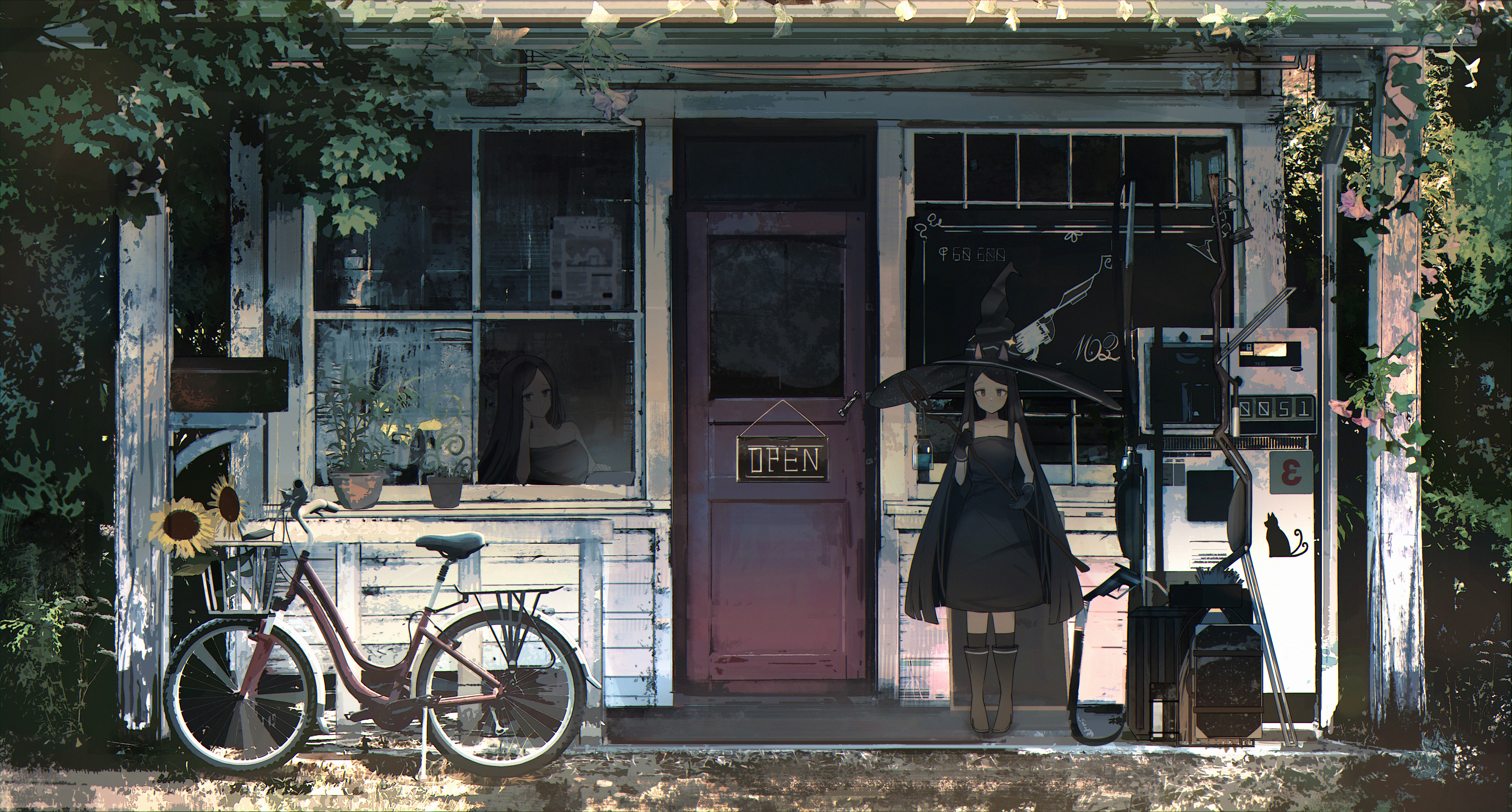 Girl in black dress with umbrella at gas station with bicycle HD Wallpaper