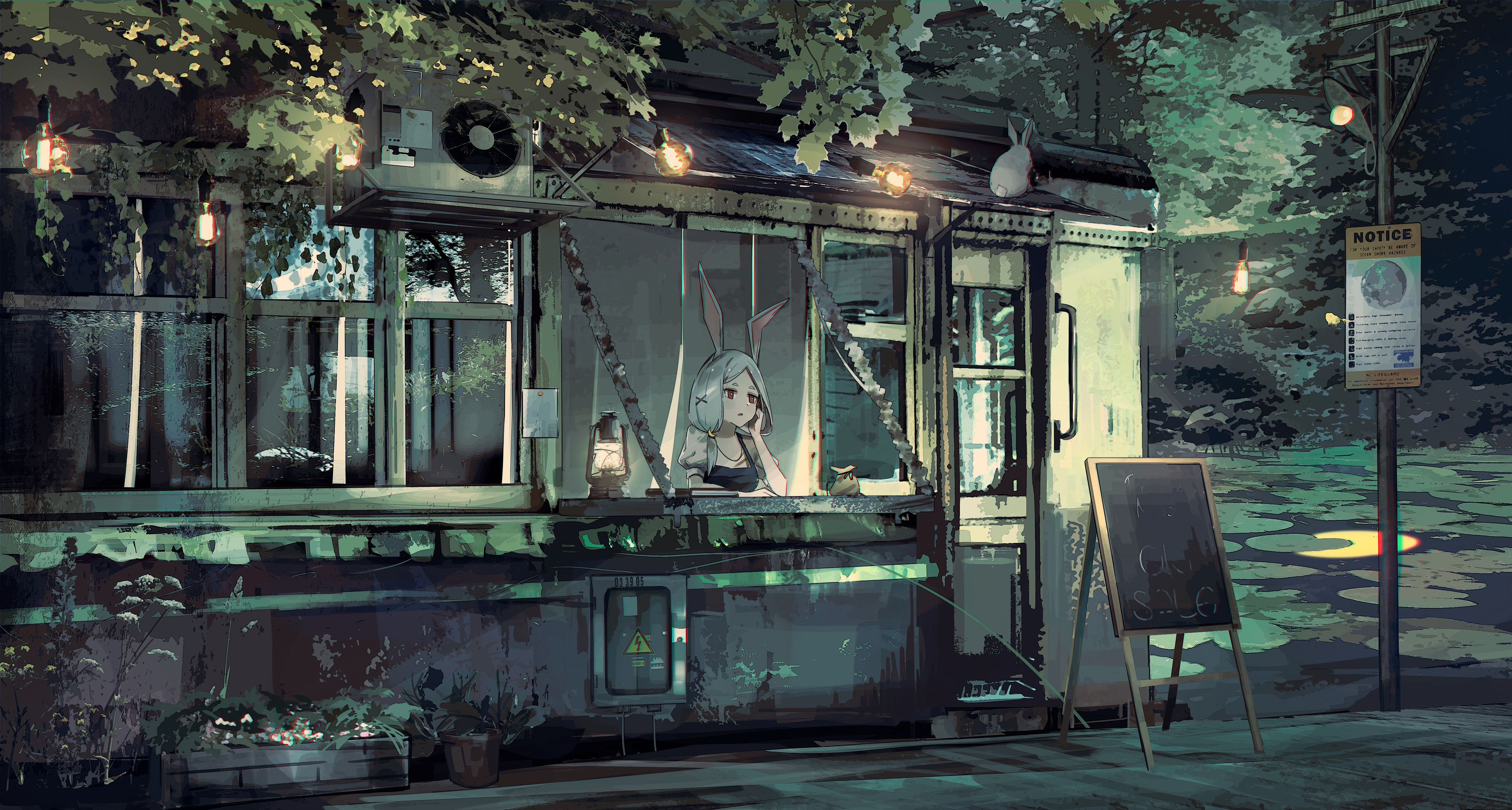 Girl with bunny ears at a food stand HD Wallpaper