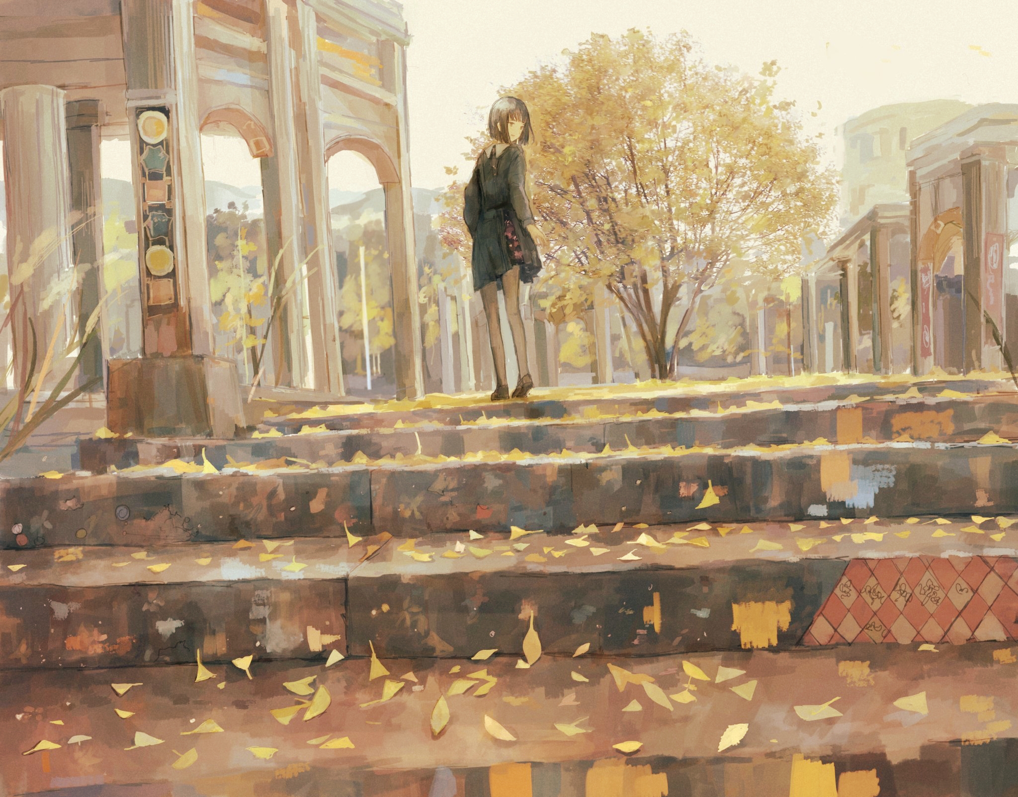 Girl standing on steps in autumn park HD Wallpaper
