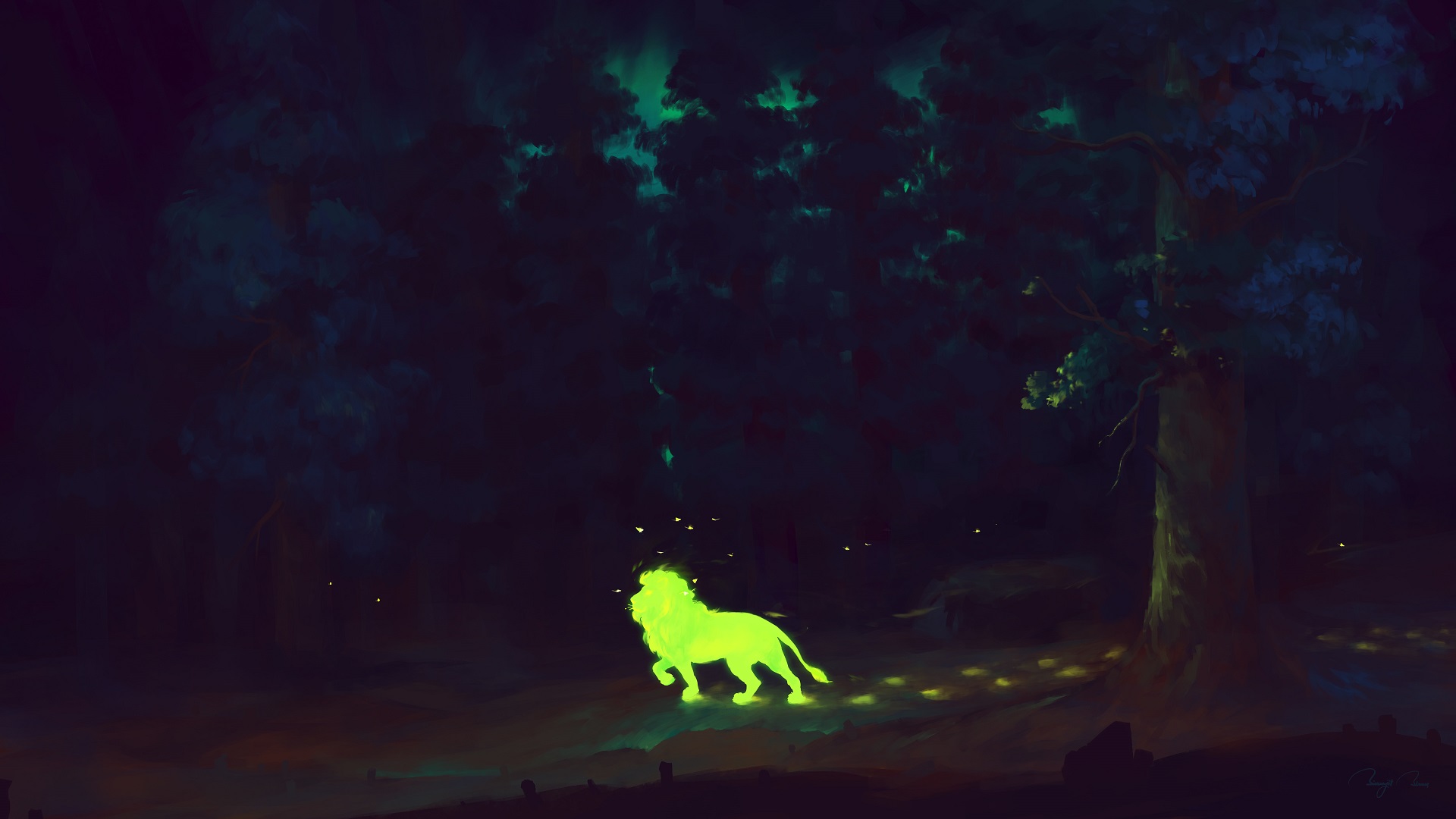 Fantasy Forest Night Lion HD Wallpaper