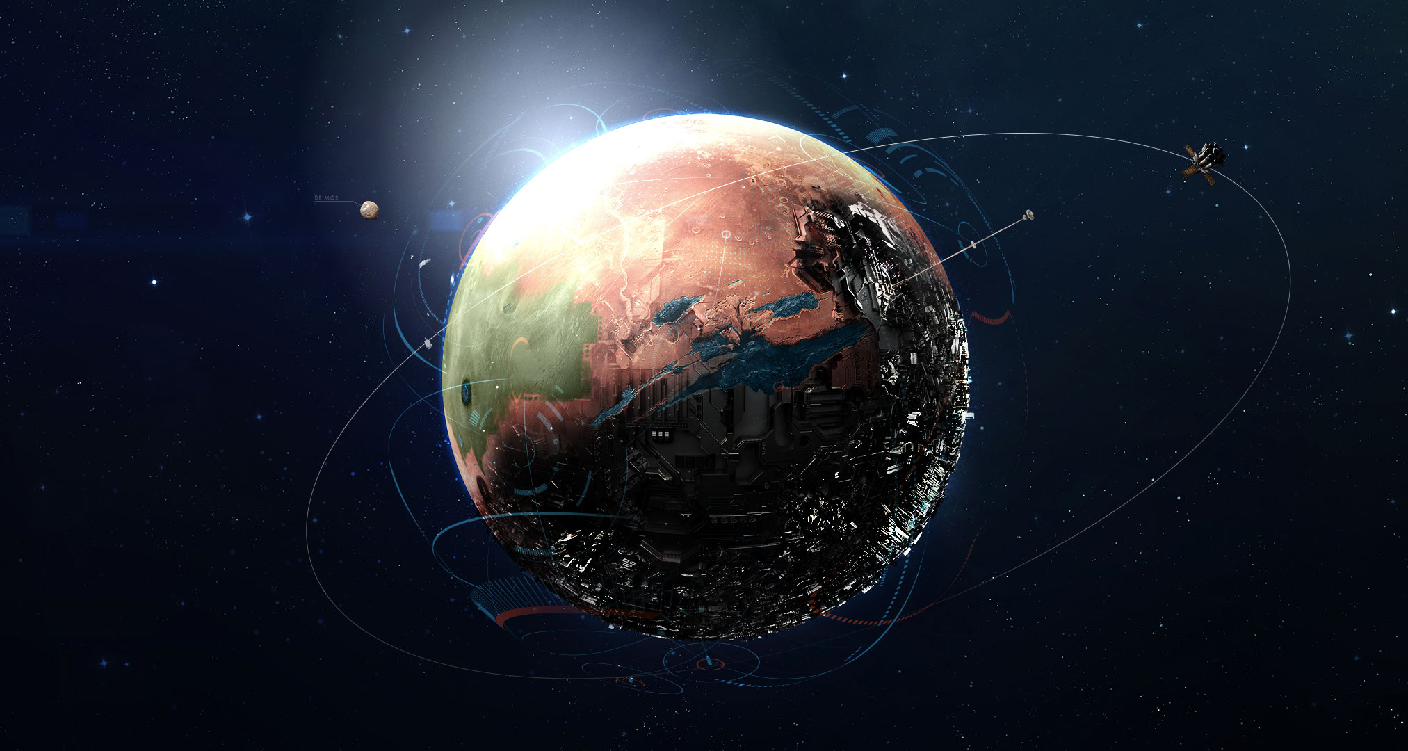 Per Aspera planet with orbital satellites HD Wallpaper