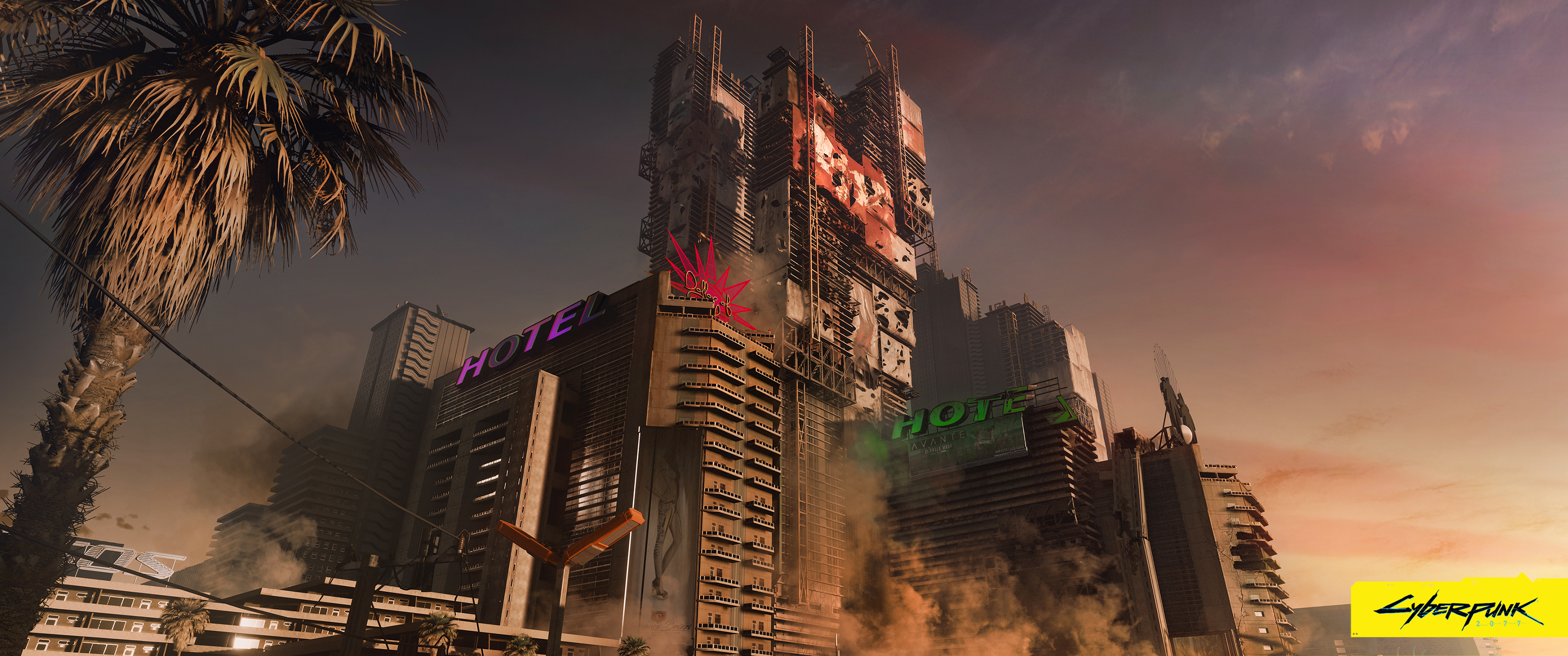 Cyberpunk 2077 cityscape with hotels HD Wallpaper