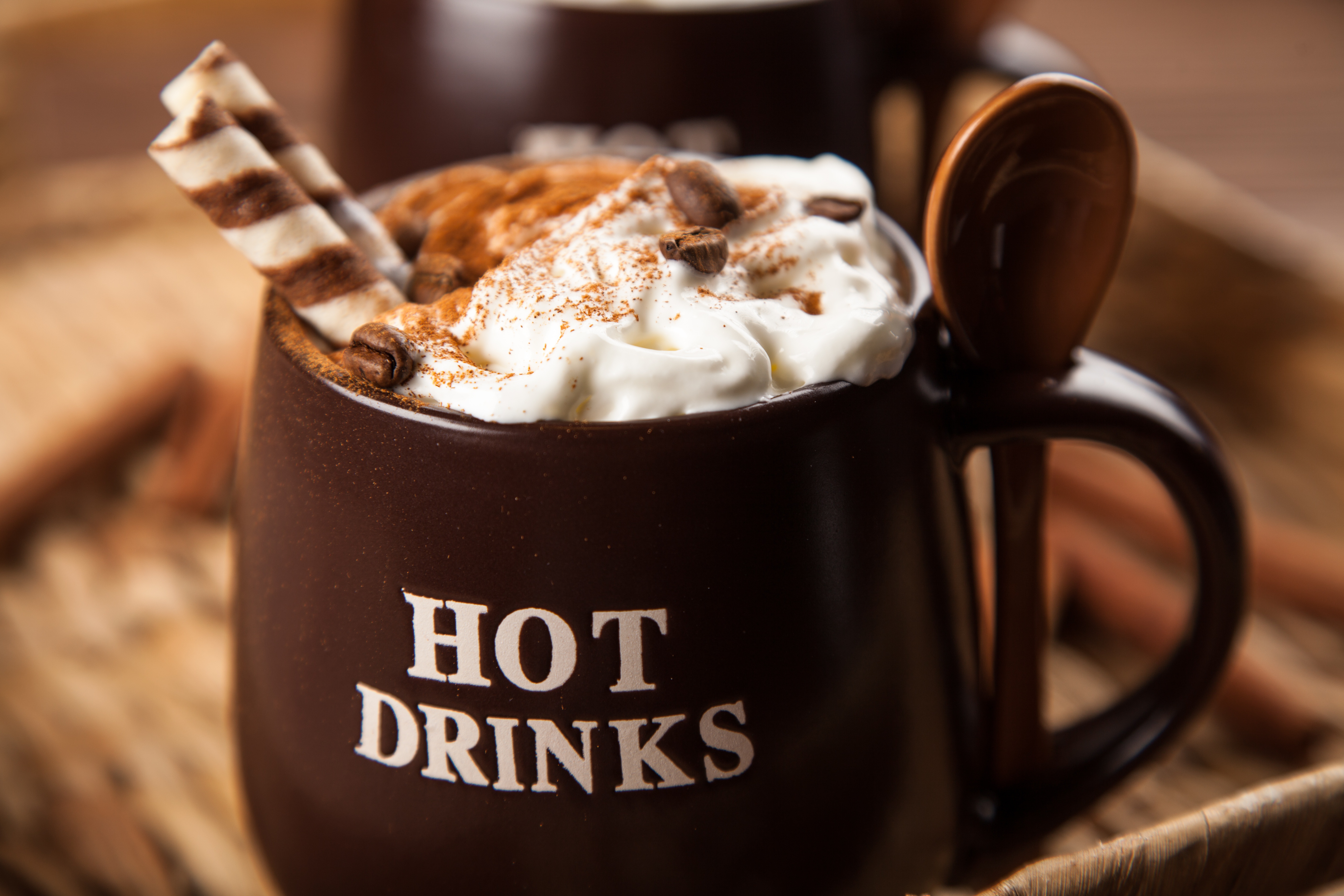 Hot Drinks mug with whipped cream and wafer sticks HD Wallpaper