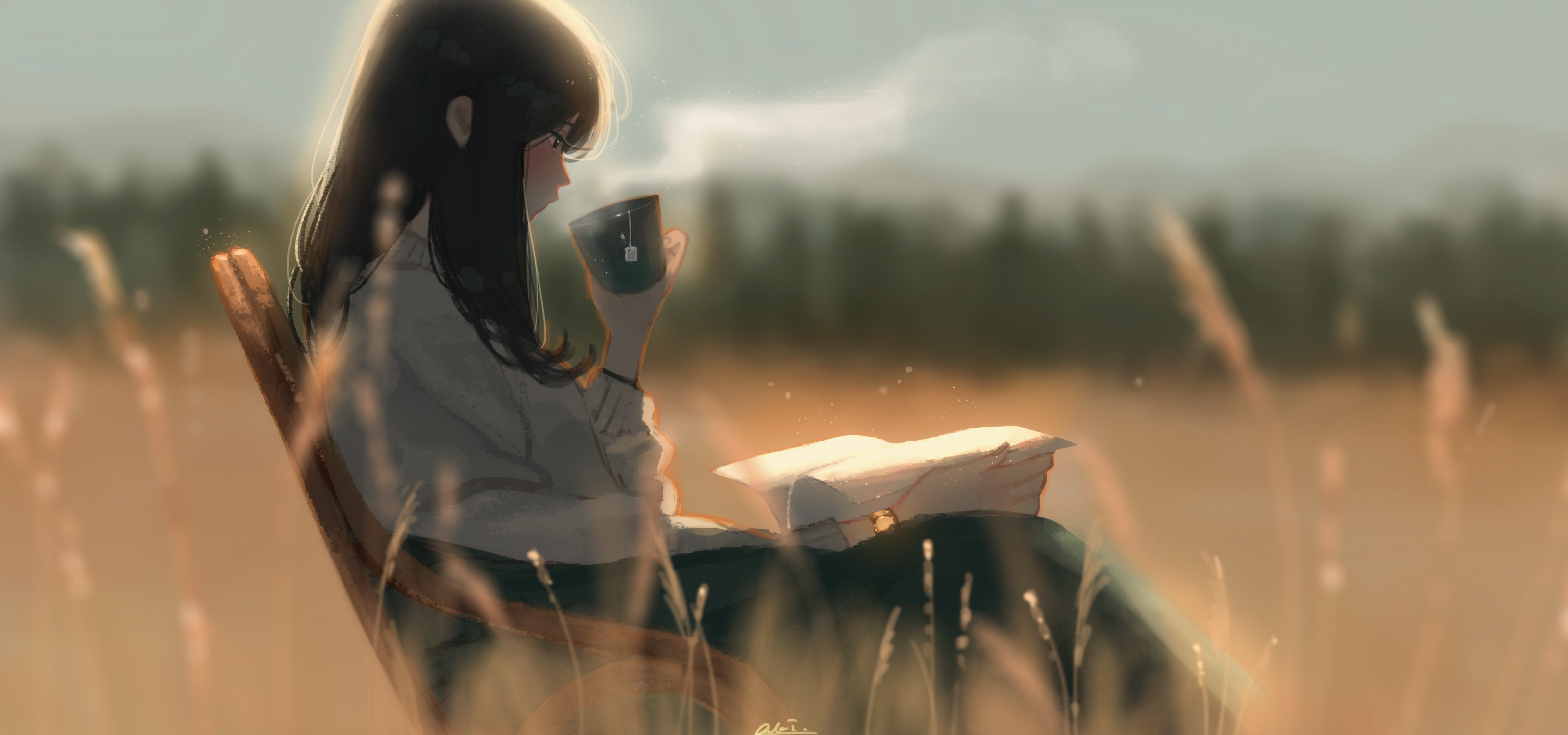 Girl drinking tea and reading a book in a field HD Wallpaper