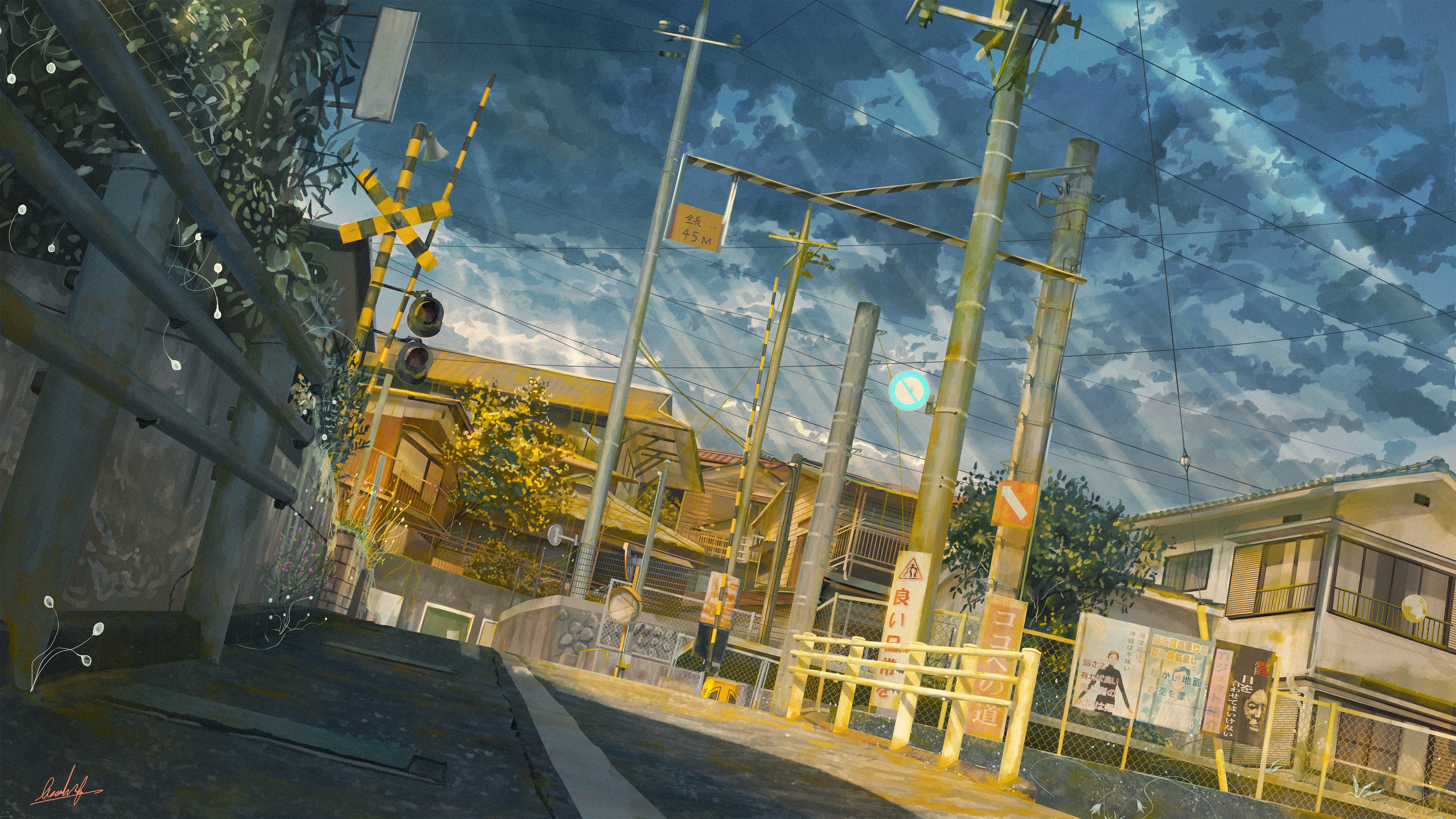Japanese Train Crossing with Buildings and Sky HD Wallpaper