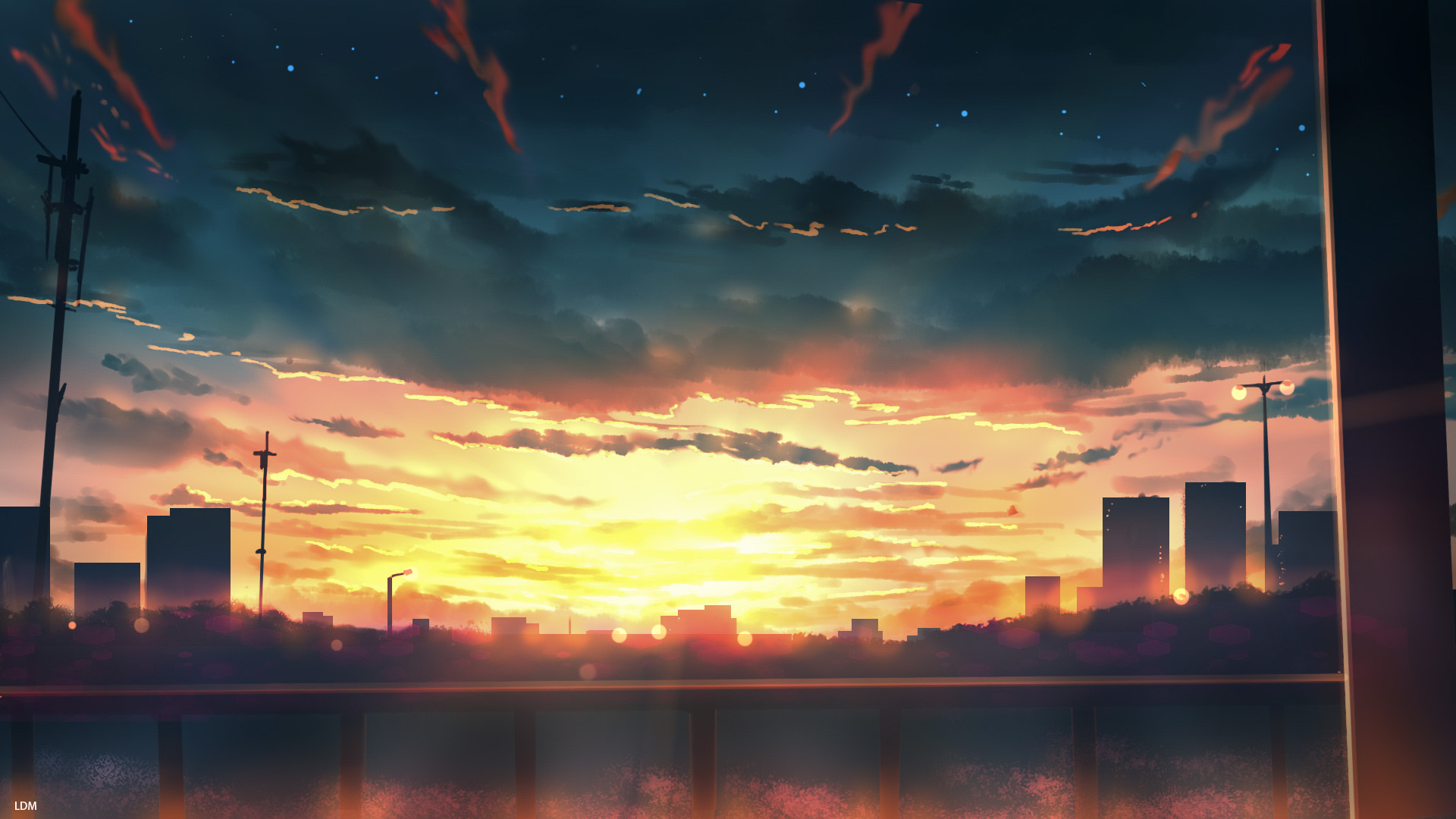 Anime Cityscape at Sunset with Dramatic Clouds HD Wallpaper