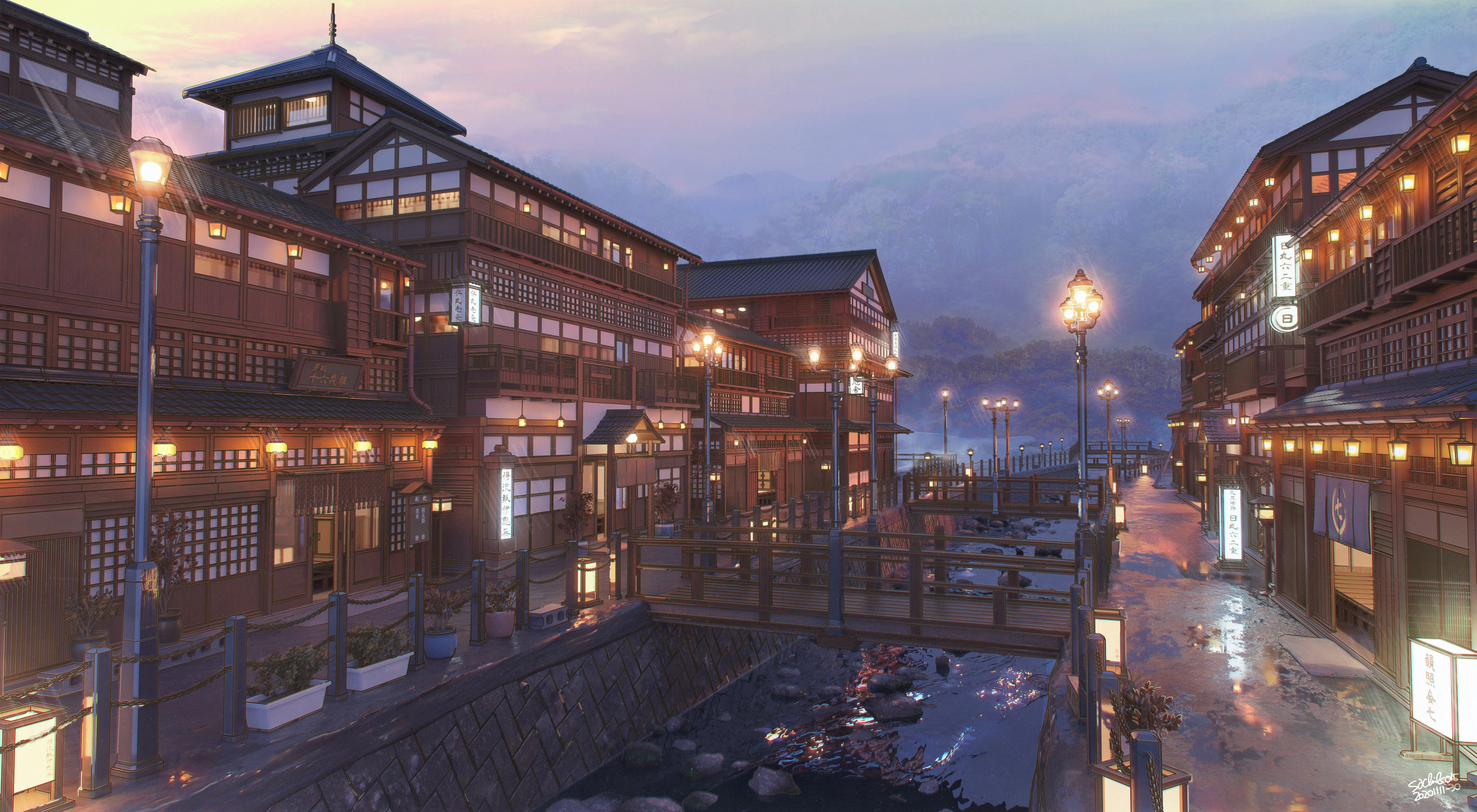 Traditional Japanese buildings at dusk with lanterns HD Wallpaper