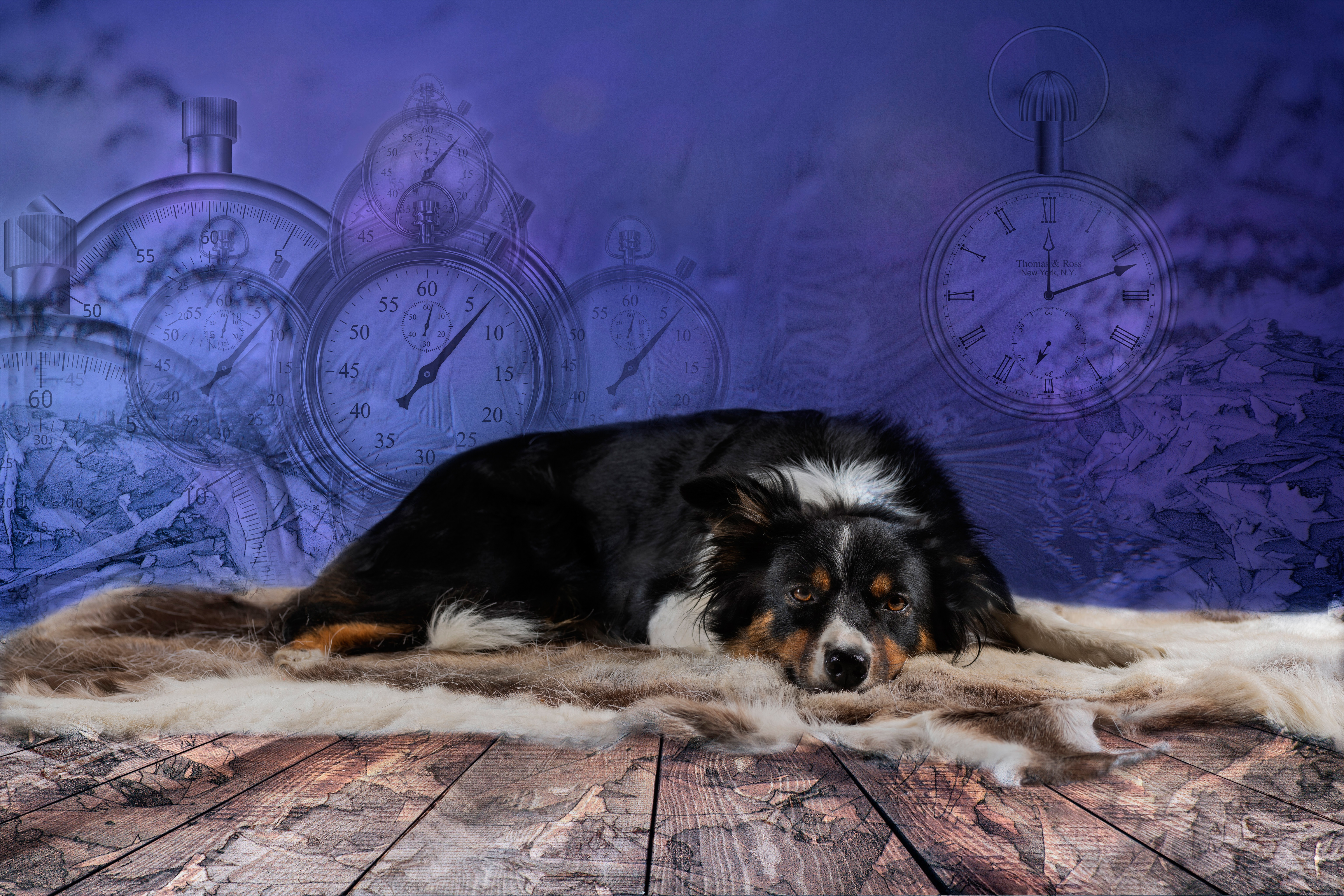 Border Collie dog on fur rug with stopwatches HD Wallpaper