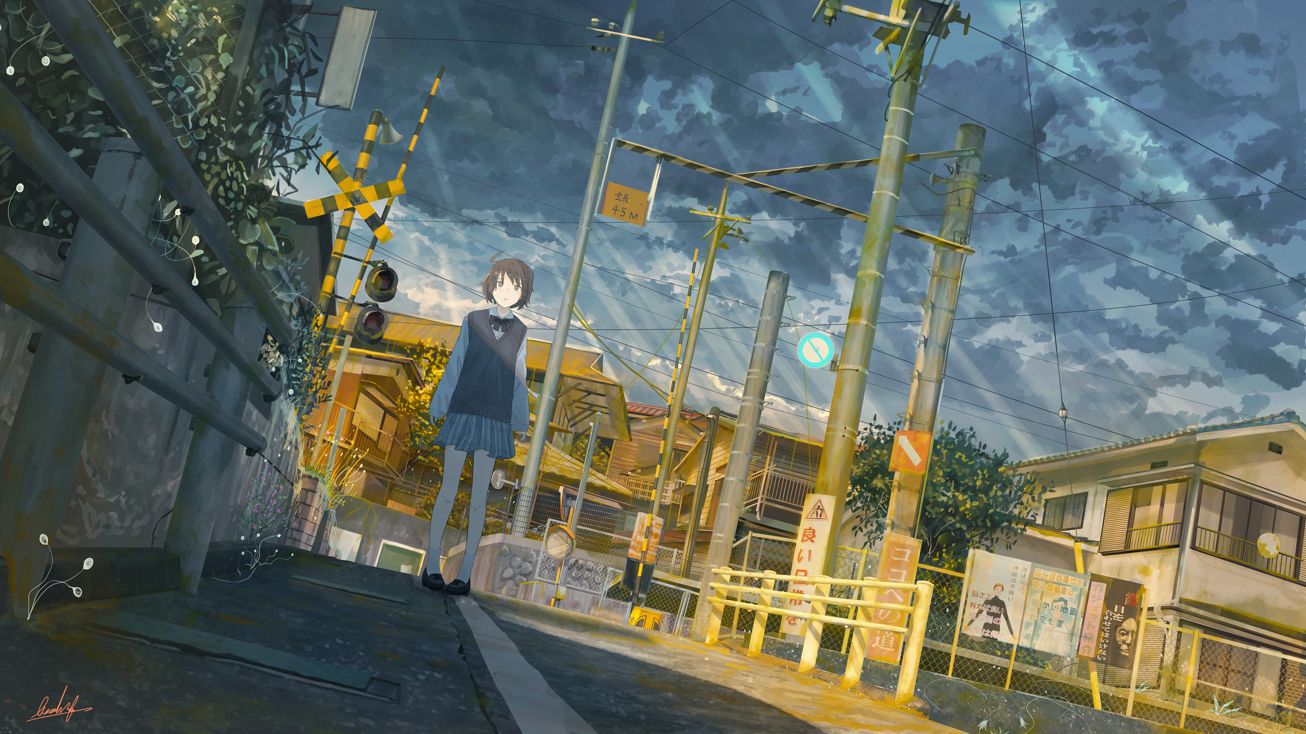Girl at a Japanese Railroad Crossing 4K HD Wallpaper